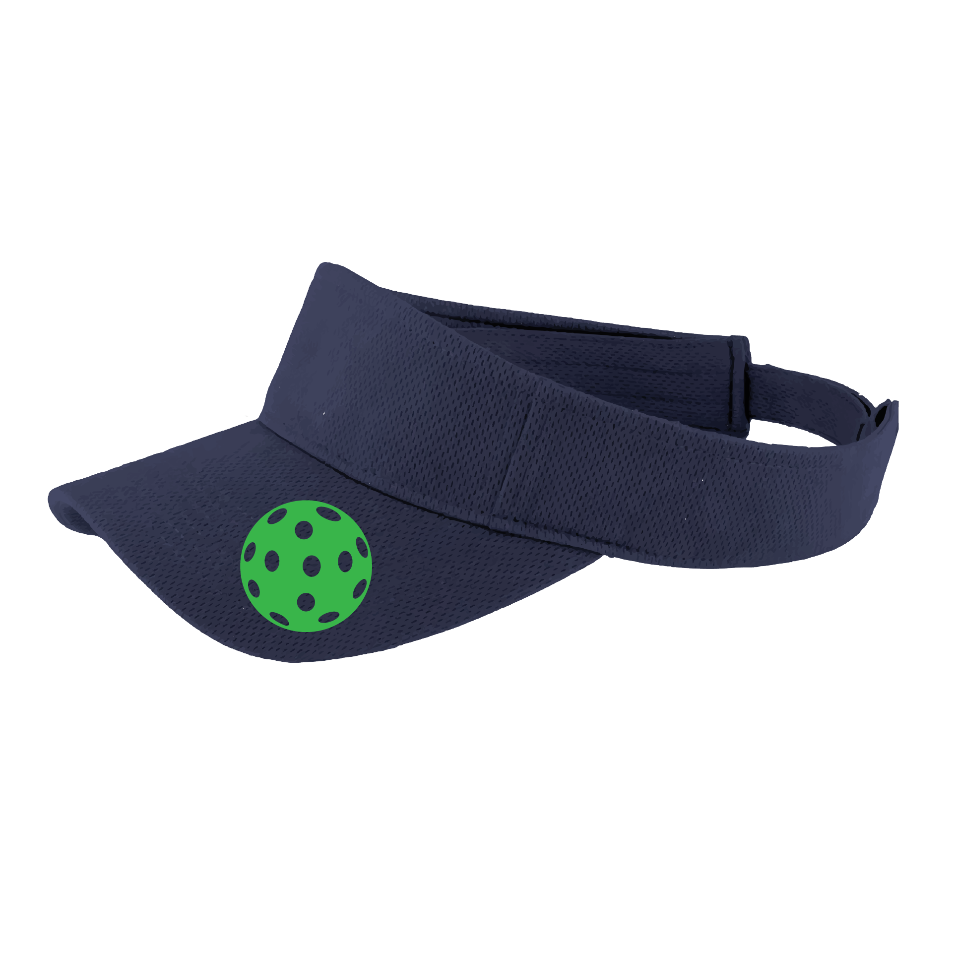 Pickleball Visor Design: Green Pickleball  This fun pickleball visor is the perfect accessory for all pickleball players needing to keep their focus on the game and not the sun. The moisture-wicking material is made of 100% polyester with closed-hole flat back mesh and PosiCharge Technology. The back closure is a hock and loop style made to adjust to every adult.