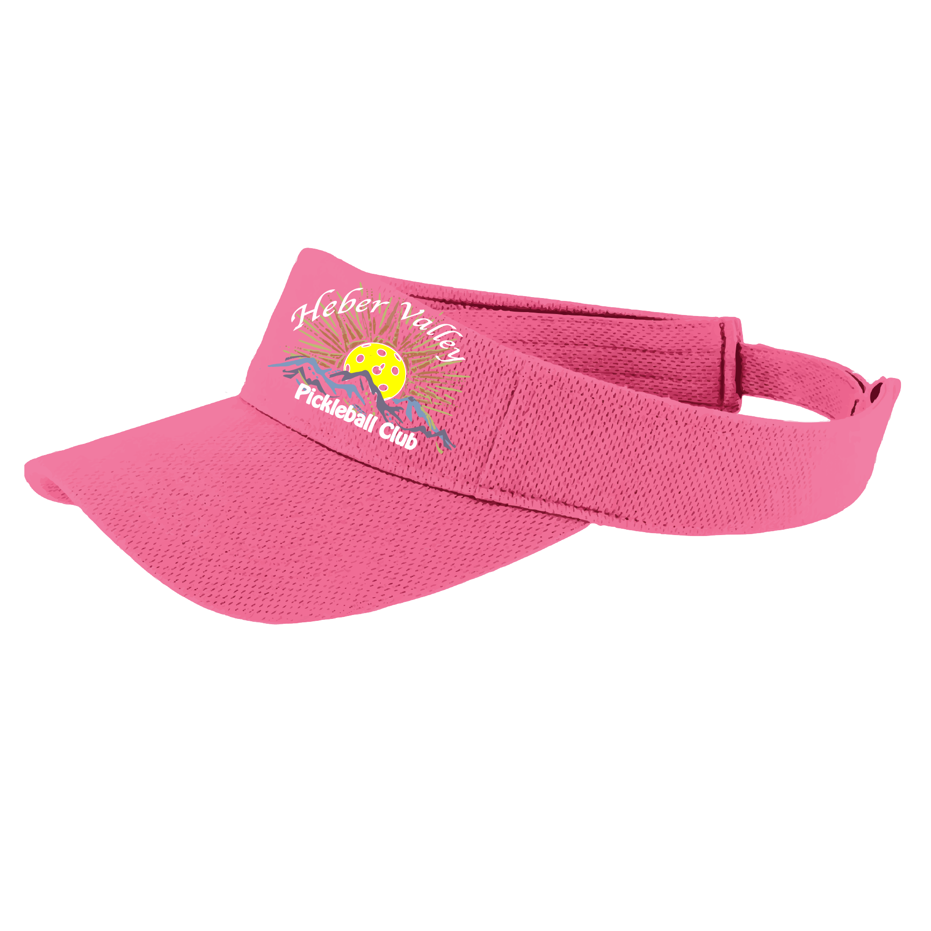 Pickleball Visor Design: Heber Valley Pickleball Club  This fun pickleball visor is the perfect accessory for all pickleball players needing to keep their focus on the game and not the sun. The moisture-wicking material is made of 100% polyester with closed-hole flat back mesh and PosiCharge Technology. The back closure is a hock and loop style made to adjust to every adult.