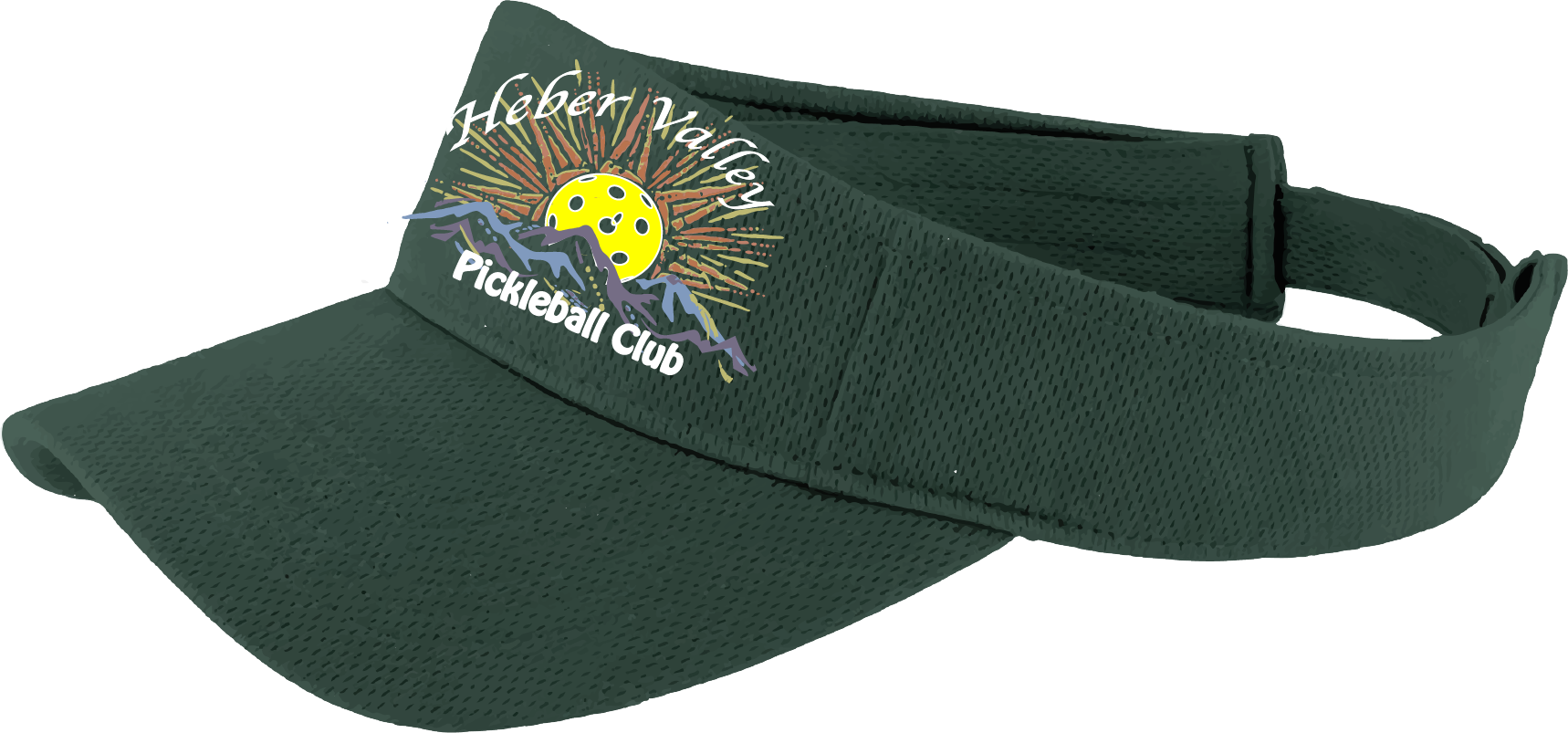 Pickleball Visor Design: Heber Valley Pickleball Club  This fun pickleball visor is the perfect accessory for all pickleball players needing to keep their focus on the game and not the sun. The moisture-wicking material is made of 100% polyester with closed-hole flat back mesh and PosiCharge Technology. The back closure is a hock and loop style made to adjust to every adult.