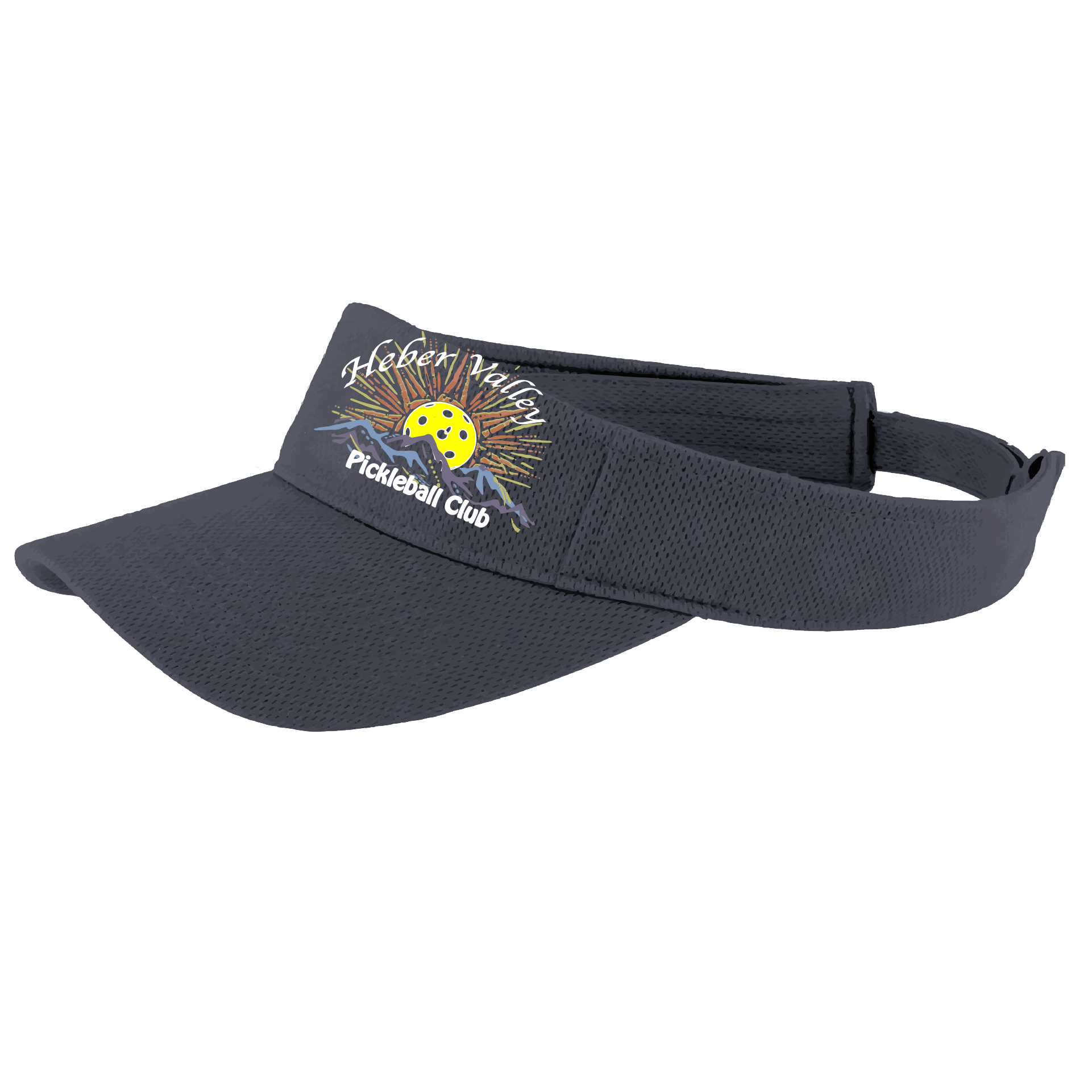 Pickleball Visor Design: Heber Valley Pickleball Club  This fun pickleball visor is the perfect accessory for all pickleball players needing to keep their focus on the game and not the sun. The moisture-wicking material is made of 100% polyester with closed-hole flat back mesh and PosiCharge Technology. The back closure is a hock and loop style made to adjust to every adult.