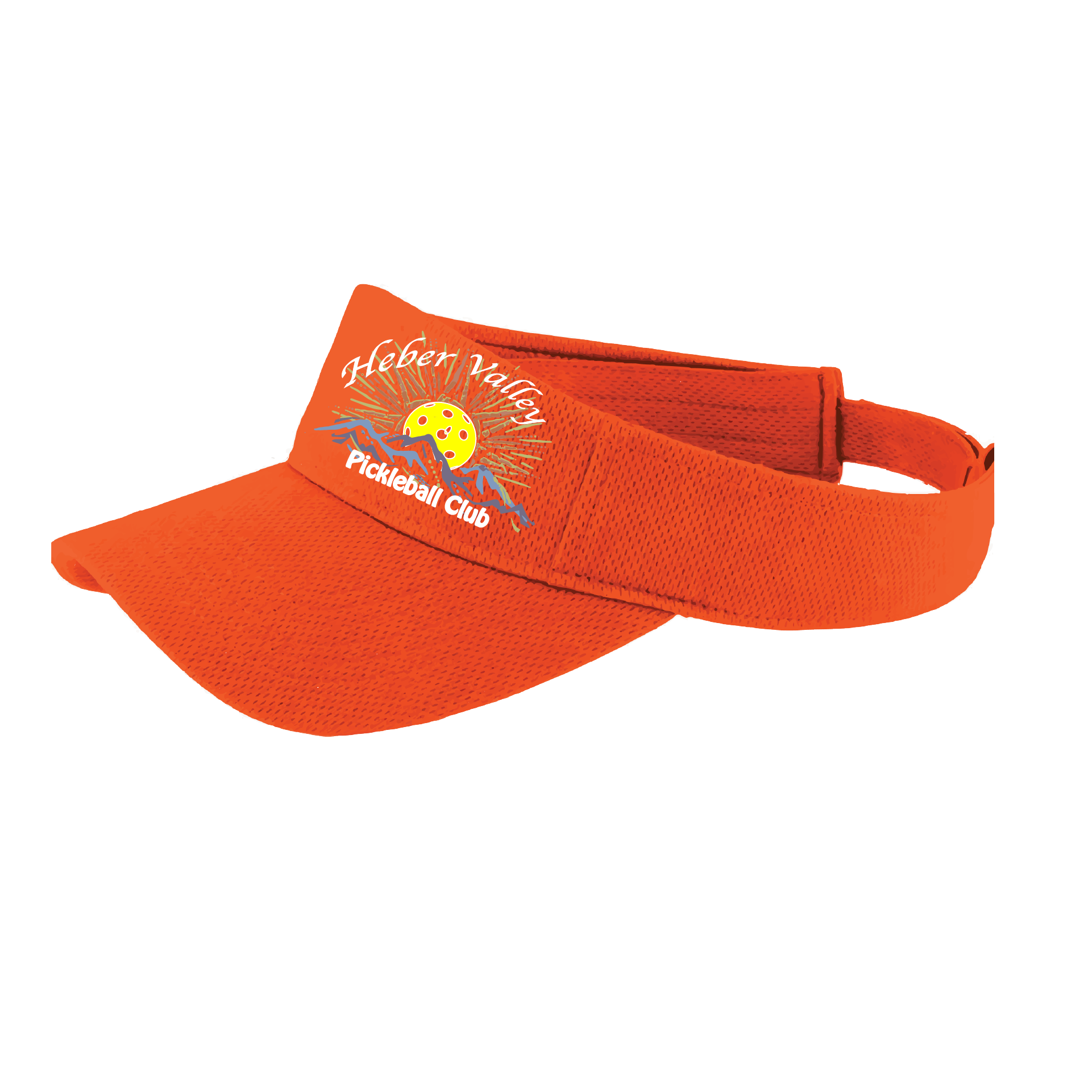 Pickleball Visor Design: Heber Valley Pickleball Club  This fun pickleball visor is the perfect accessory for all pickleball players needing to keep their focus on the game and not the sun. The moisture-wicking material is made of 100% polyester with closed-hole flat back mesh and PosiCharge Technology. The back closure is a hock and loop style made to adjust to every adult.