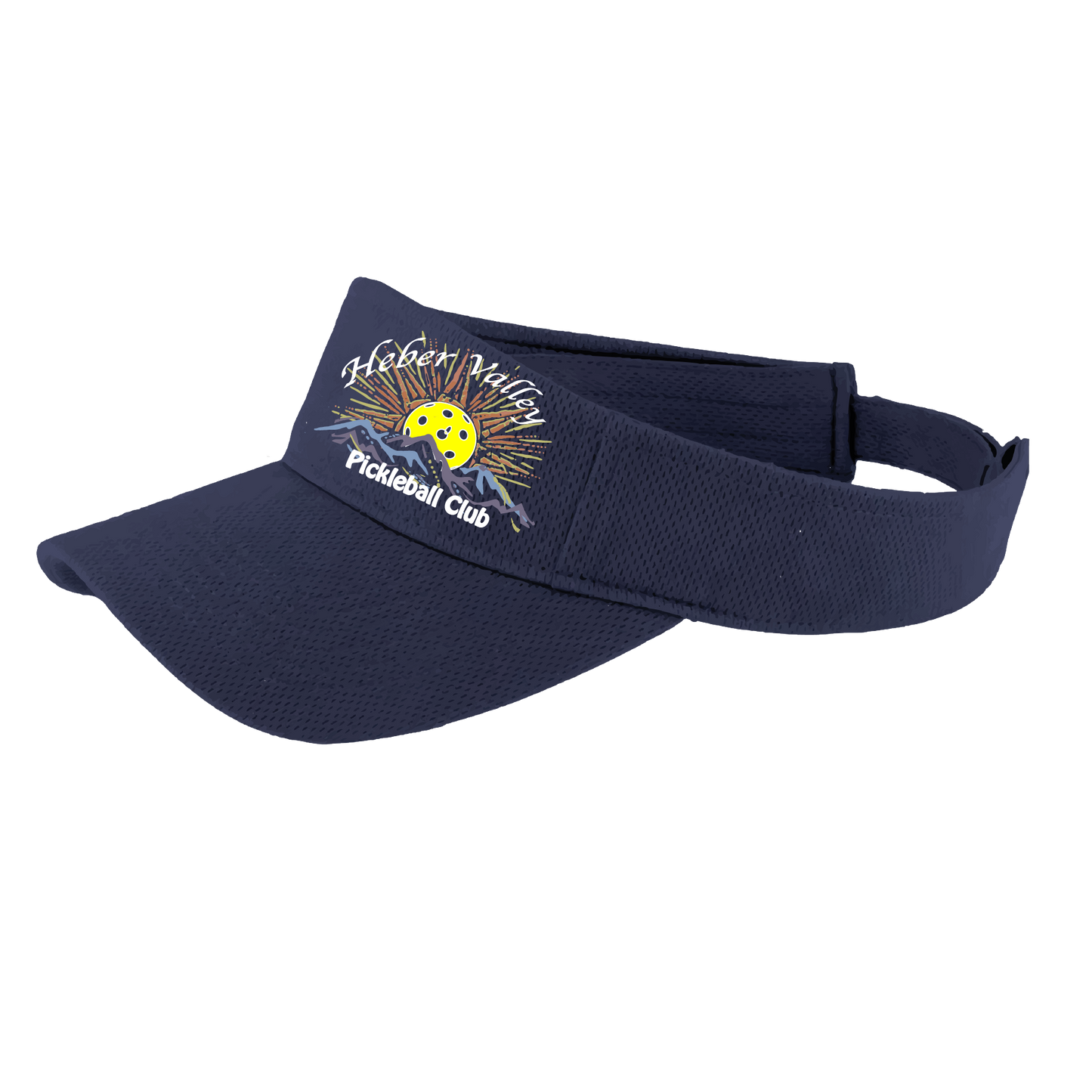 Pickleball Visor Design: Heber Valley Pickleball Club  This fun pickleball visor is the perfect accessory for all pickleball players needing to keep their focus on the game and not the sun. The moisture-wicking material is made of 100% polyester with closed-hole flat back mesh and PosiCharge Technology. The back closure is a hock and loop style made to adjust to every adult.
