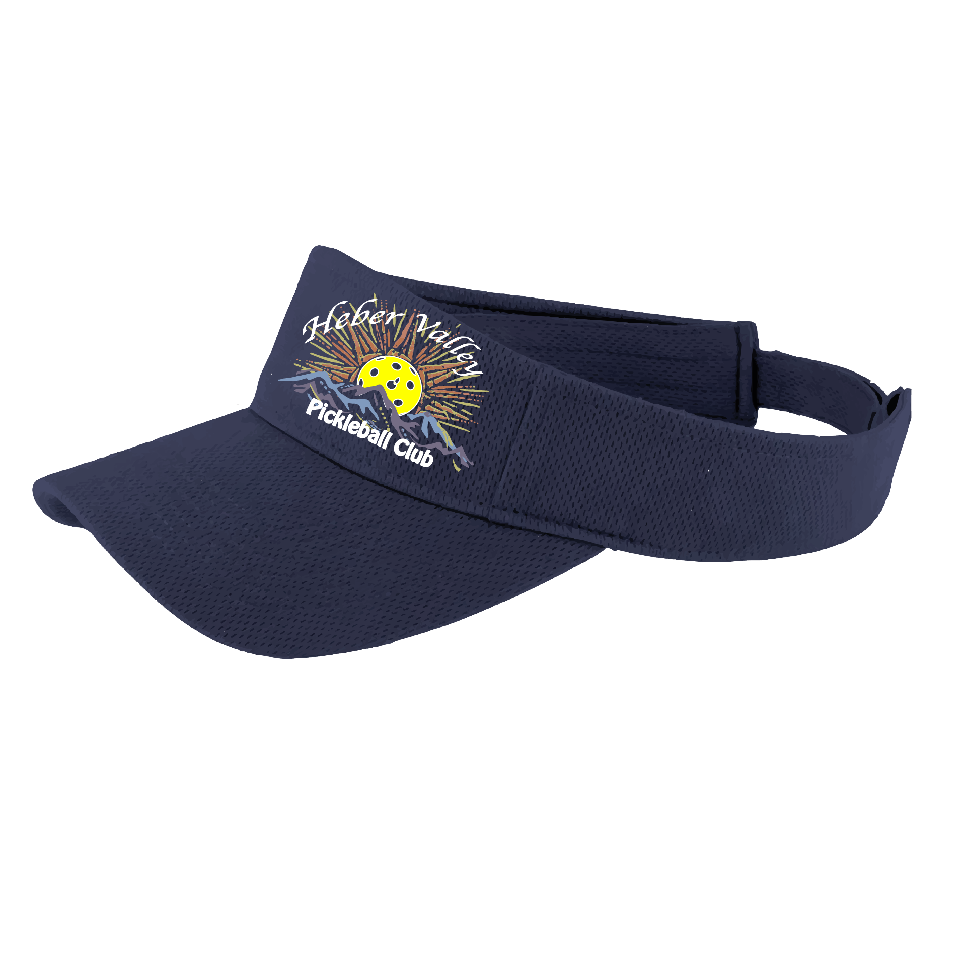 Pickleball Visor Design: Heber Valley Pickleball Club  This fun pickleball visor is the perfect accessory for all pickleball players needing to keep their focus on the game and not the sun. The moisture-wicking material is made of 100% polyester with closed-hole flat back mesh and PosiCharge Technology. The back closure is a hock and loop style made to adjust to every adult.