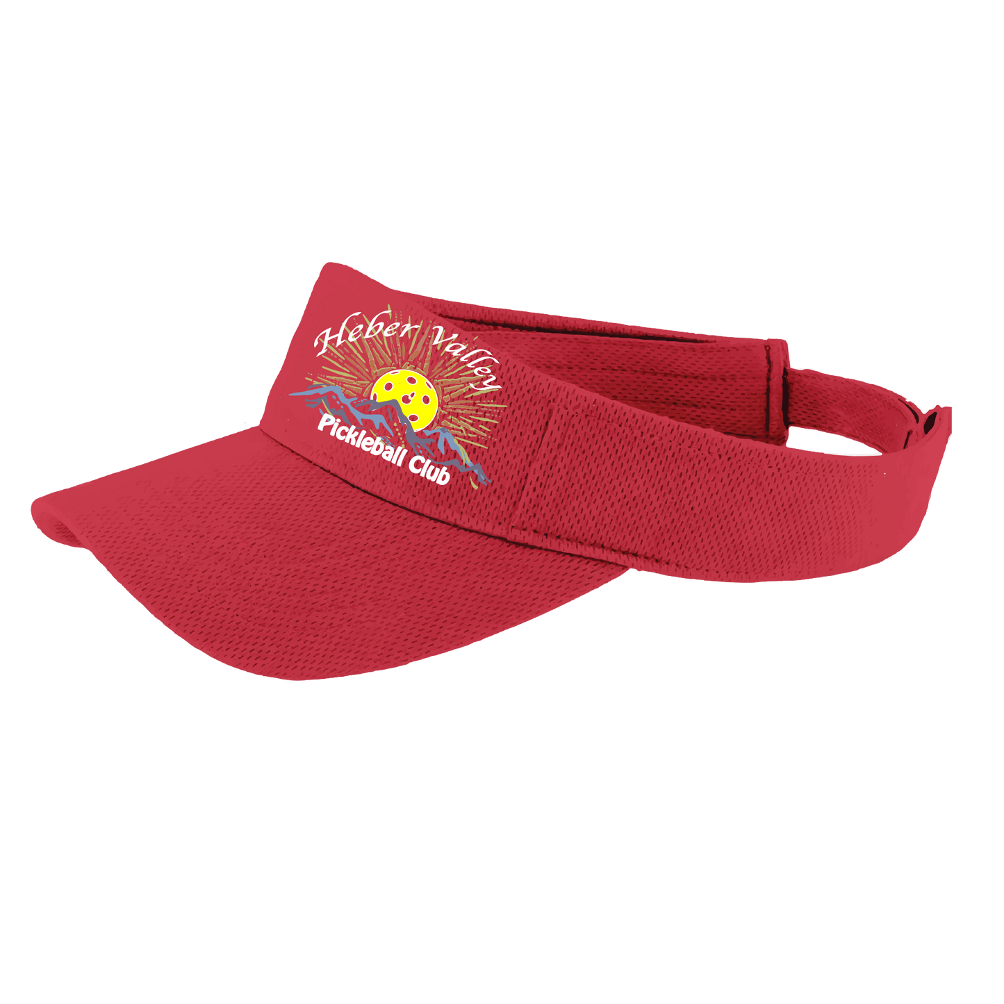 Pickleball Visor Design: Heber Valley Pickleball Club  This fun pickleball visor is the perfect accessory for all pickleball players needing to keep their focus on the game and not the sun. The moisture-wicking material is made of 100% polyester with closed-hole flat back mesh and PosiCharge Technology. The back closure is a hock and loop style made to adjust to every adult.