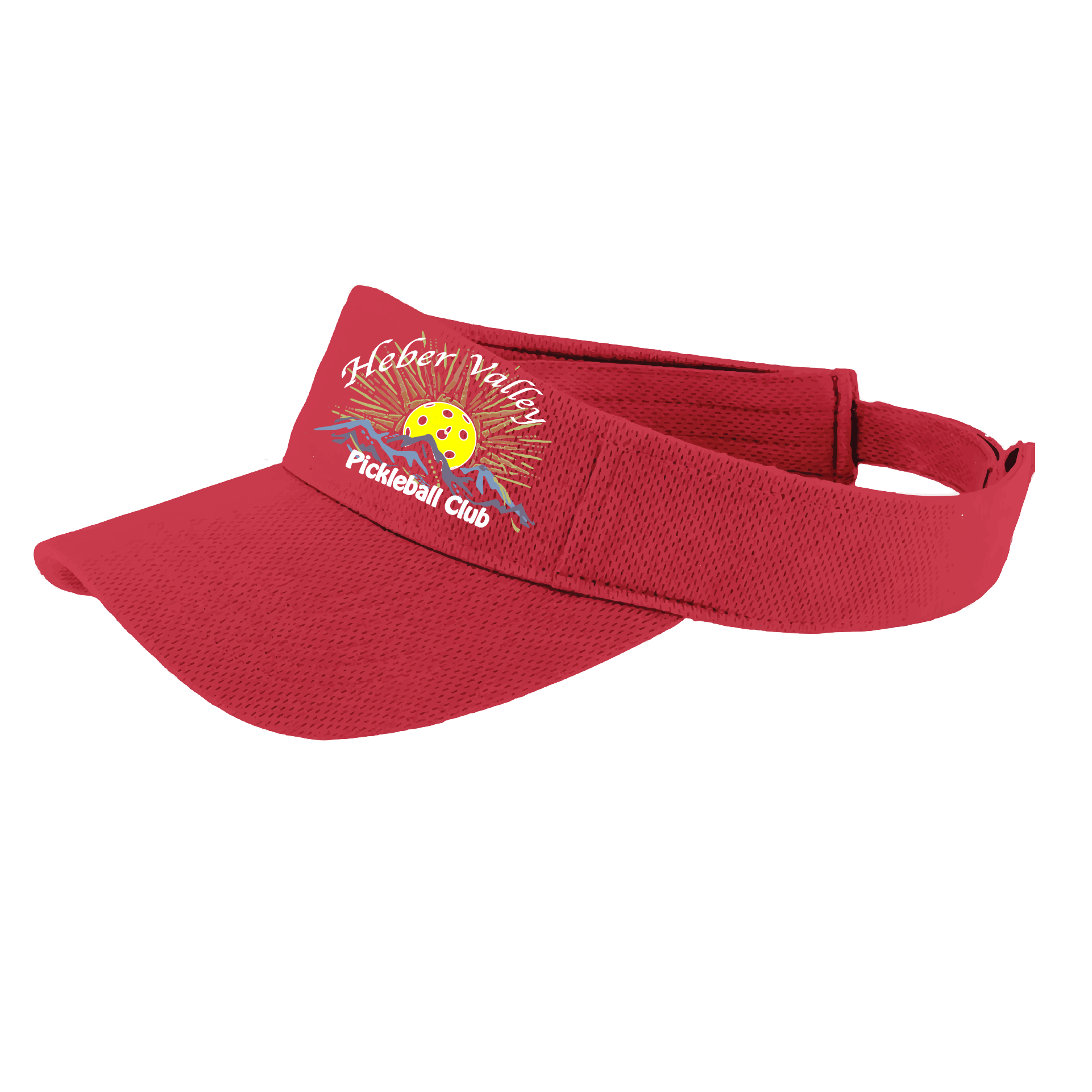 Pickleball Visor Design: Heber Valley Pickleball Club  This fun pickleball visor is the perfect accessory for all pickleball players needing to keep their focus on the game and not the sun. The moisture-wicking material is made of 100% polyester with closed-hole flat back mesh and PosiCharge Technology. The back closure is a hock and loop style made to adjust to every adult.