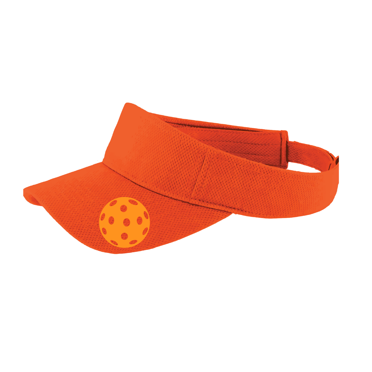 Pickleball Visor Design: Orange Pickleball  This fun pickleball visor is the perfect accessory for all pickleball players needing to keep their focus on the game and not the sun. The moisture-wicking material is made of 100% polyester with closed-hole flat back mesh and PosiCharge Technology. The back closure is a hock and loop style made to adjust to every adult.