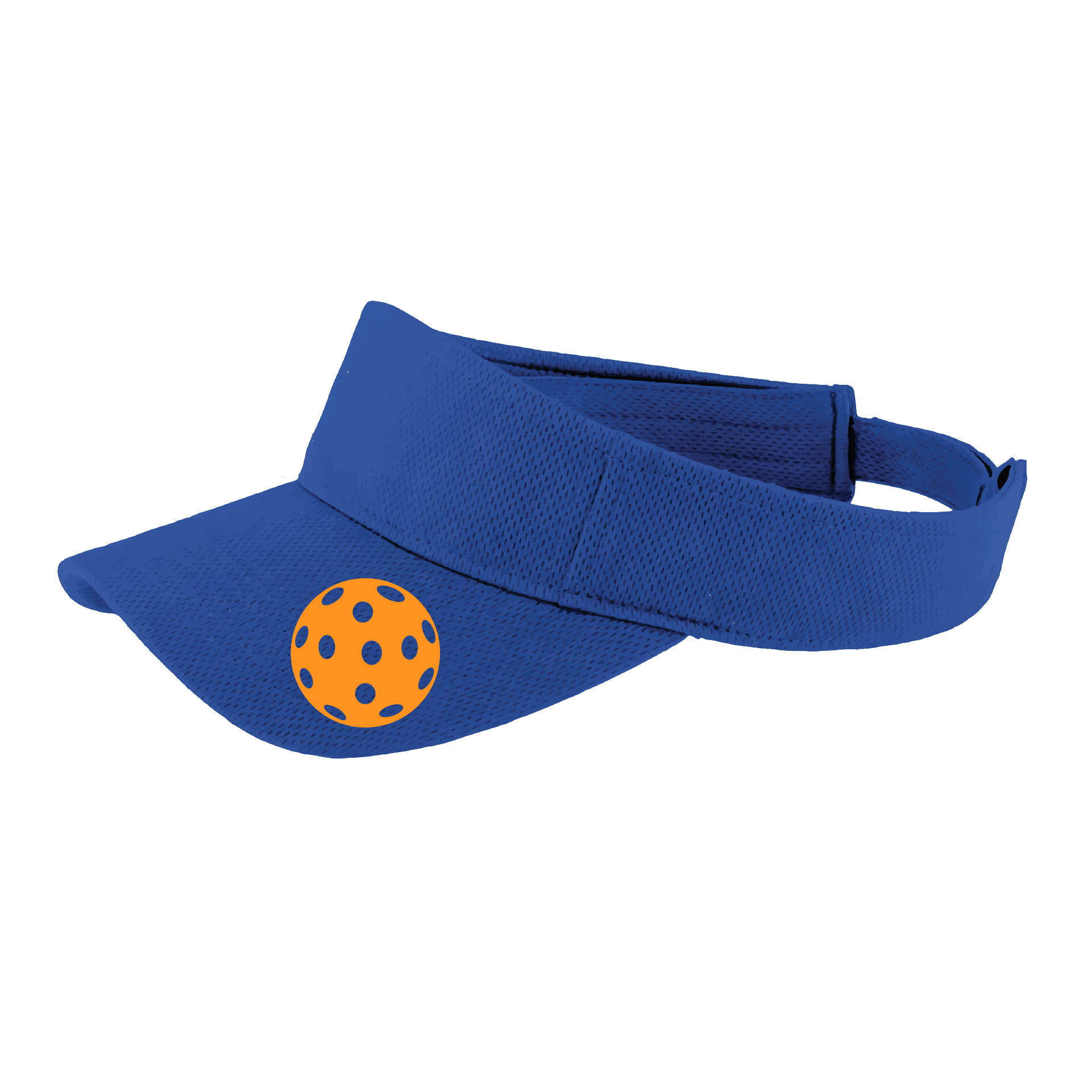 Pickleball Visor Design: Orange Pickleball  This fun pickleball visor is the perfect accessory for all pickleball players needing to keep their focus on the game and not the sun. The moisture-wicking material is made of 100% polyester with closed-hole flat back mesh and PosiCharge Technology. The back closure is a hock and loop style made to adjust to every adult.