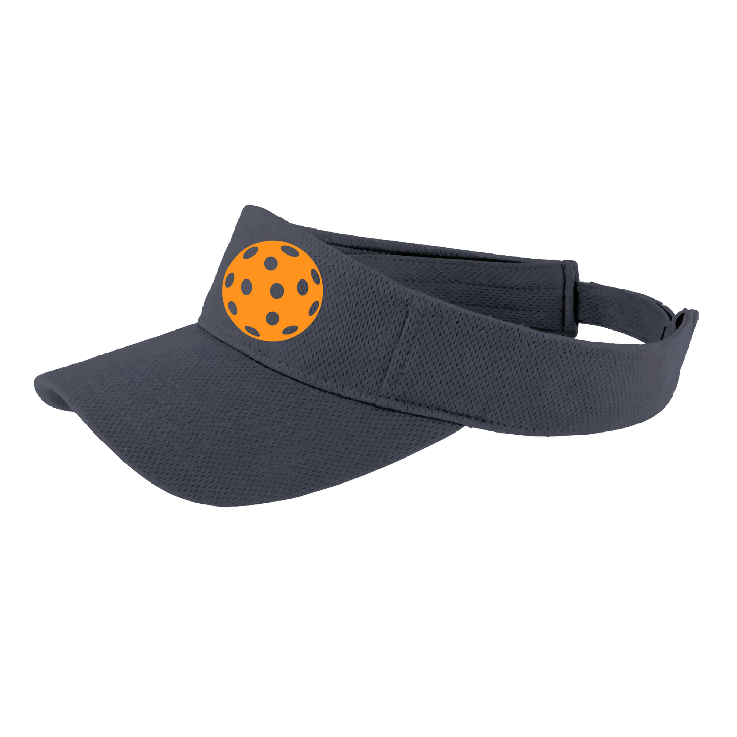 Pickleball Visor Design: Orange Pickleball  This fun pickleball visor is the perfect accessory for all pickleball players needing to keep their focus on the game and not the sun. The moisture-wicking material is made of 100% polyester with closed-hole flat back mesh and PosiCharge Technology. The back closure is a hock and loop style made to adjust to every adult.