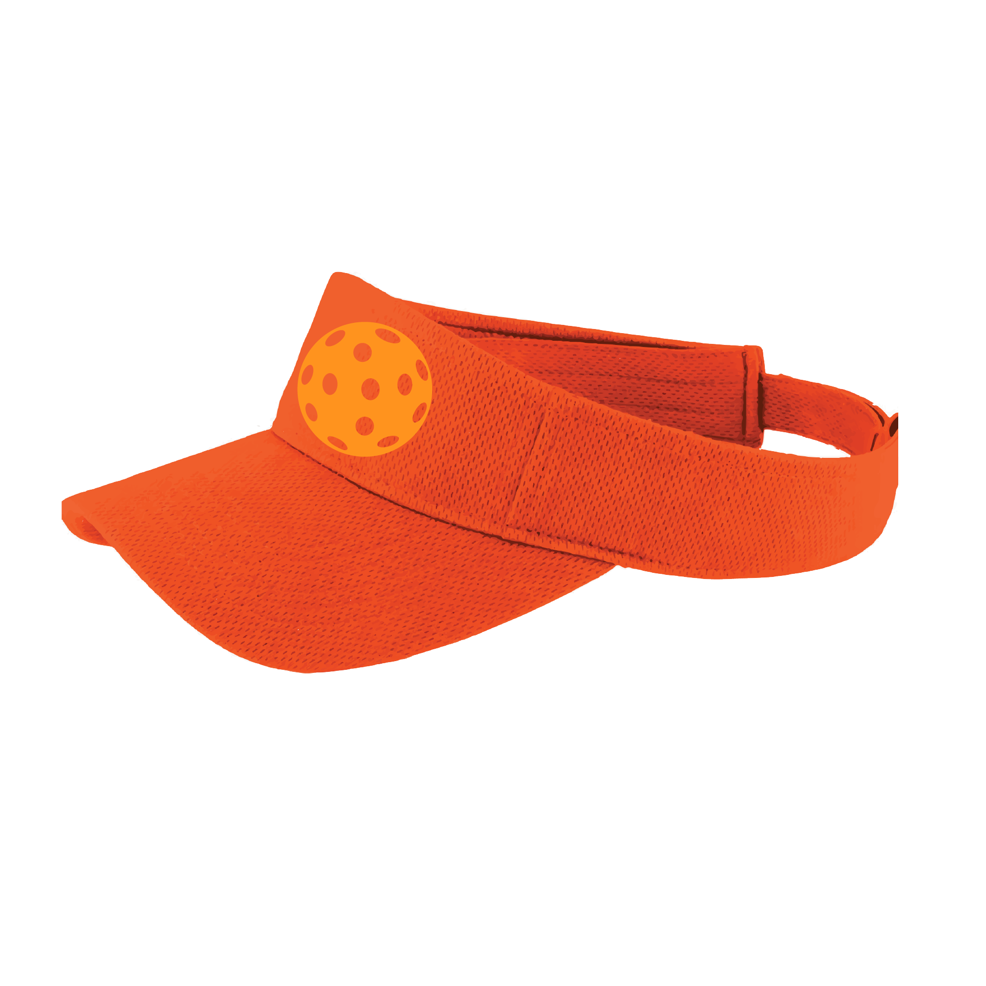 Pickleball Visor Design: Orange Pickleball  This fun pickleball visor is the perfect accessory for all pickleball players needing to keep their focus on the game and not the sun. The moisture-wicking material is made of 100% polyester with closed-hole flat back mesh and PosiCharge Technology. The back closure is a hock and loop style made to adjust to every adult.