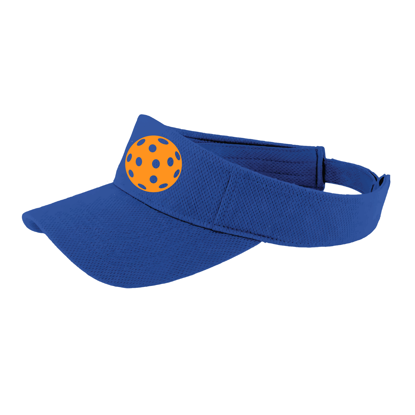 Pickleball Visor Design: Orange Pickleball  This fun pickleball visor is the perfect accessory for all pickleball players needing to keep their focus on the game and not the sun. The moisture-wicking material is made of 100% polyester with closed-hole flat back mesh and PosiCharge Technology. The back closure is a hock and loop style made to adjust to every adult.