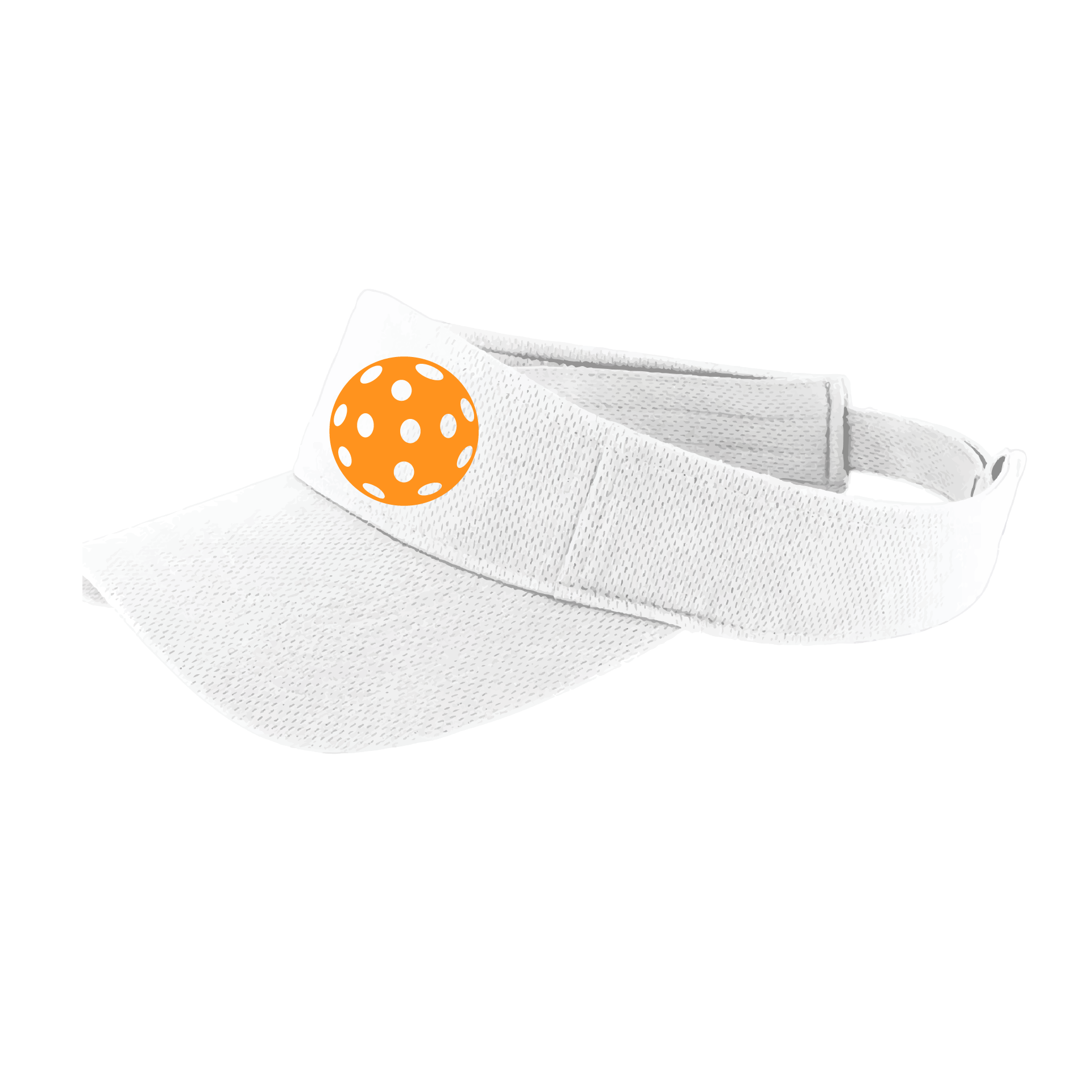 Pickleball Visor Design: Orange Pickleball  This fun pickleball visor is the perfect accessory for all pickleball players needing to keep their focus on the game and not the sun. The moisture-wicking material is made of 100% polyester with closed-hole flat back mesh and PosiCharge Technology. The back closure is a hock and loop style made to adjust to every adult.