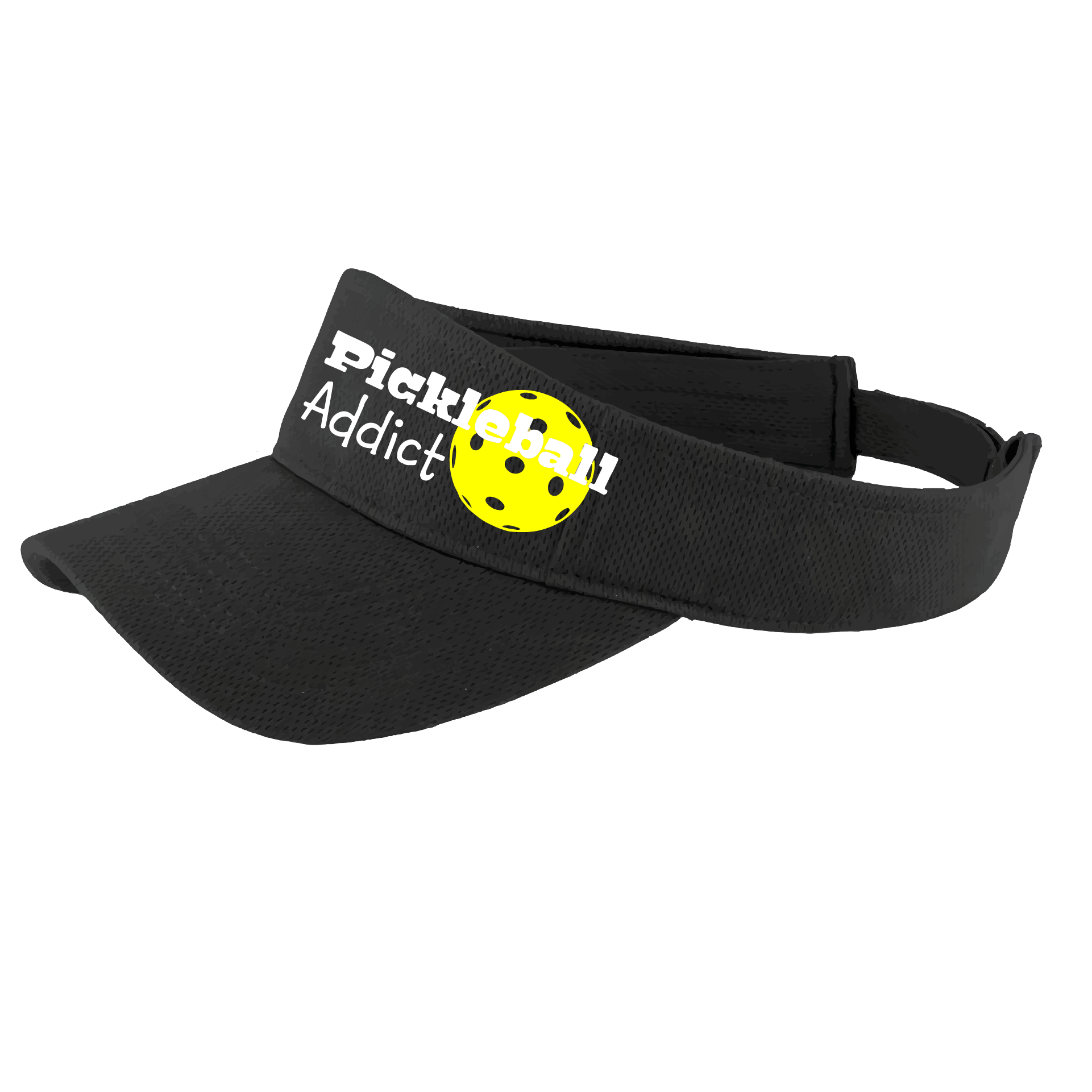 Pickleball Visor Design: Pickleball Addict  This fun pickleball visor is the perfect accessory for all pickleball players needing to keep their focus on the game and not the sun. The moisture-wicking material is made of 100% polyester with closed-hole flat back mesh and PosiCharge Technology. The back closure is a hock and loop style made to adjust to every adult.