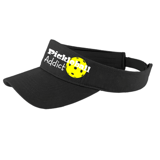 Pickleball Visor Design: Pickleball Addict  This fun pickleball visor is the perfect accessory for all pickleball players needing to keep their focus on the game and not the sun. The moisture-wicking material is made of 100% polyester with closed-hole flat back mesh and PosiCharge Technology. The back closure is a hock and loop style made to adjust to every adult.