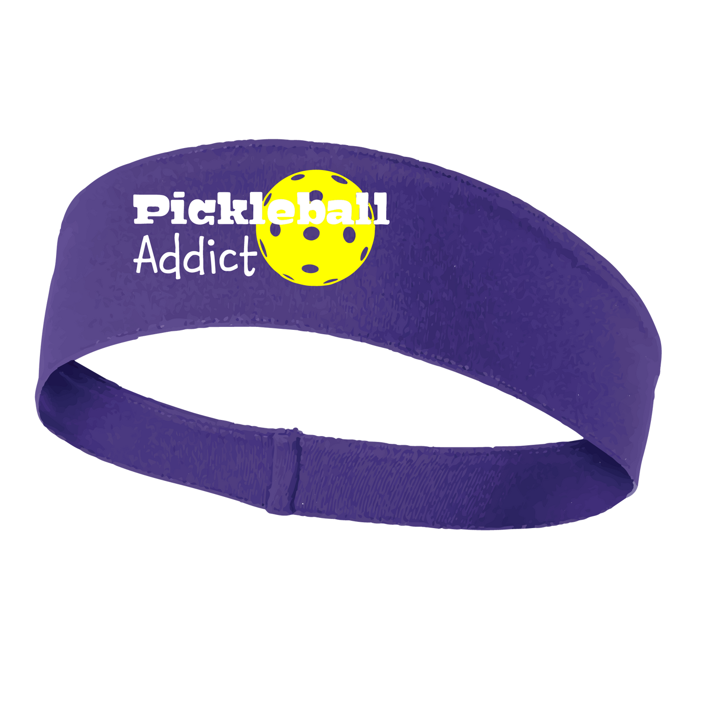 Pickleball Headband Design: Pickleball Addict  This fun, pickleball designed, moisture-wicking headband narrows in the back to fit more securely. Single-needle top-stitched edging. These headbands come in a variety of colors. Truly shows your love for the sport of pickleball!!