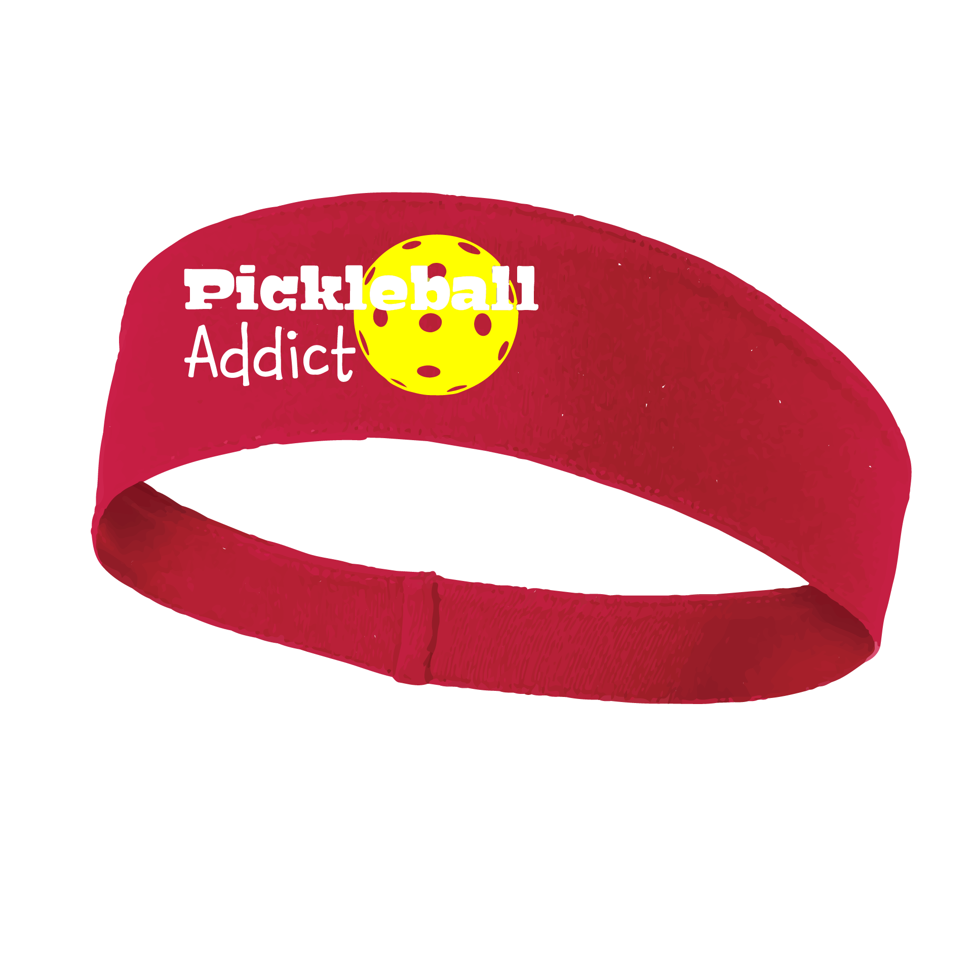 Pickleball Headband Design: Pickleball Addict  This fun, pickleball designed, moisture-wicking headband narrows in the back to fit more securely. Single-needle top-stitched edging. These headbands come in a variety of colors. Truly shows your love for the sport of pickleball!!