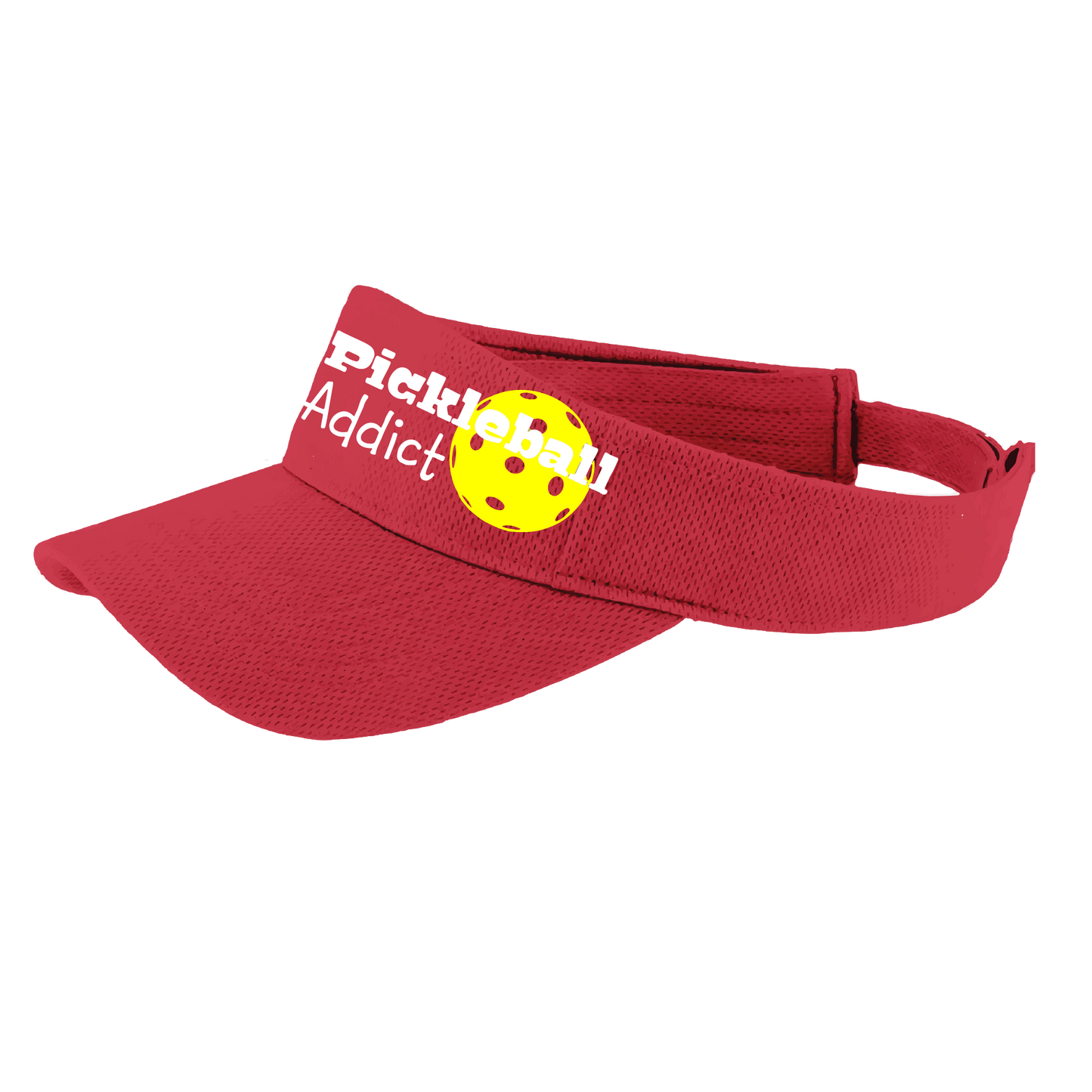 Pickleball Visor Design: Pickleball Addict  This fun pickleball visor is the perfect accessory for all pickleball players needing to keep their focus on the game and not the sun. The moisture-wicking material is made of 100% polyester with closed-hole flat back mesh and PosiCharge Technology. The back closure is a hock and loop style made to adjust to every adult.