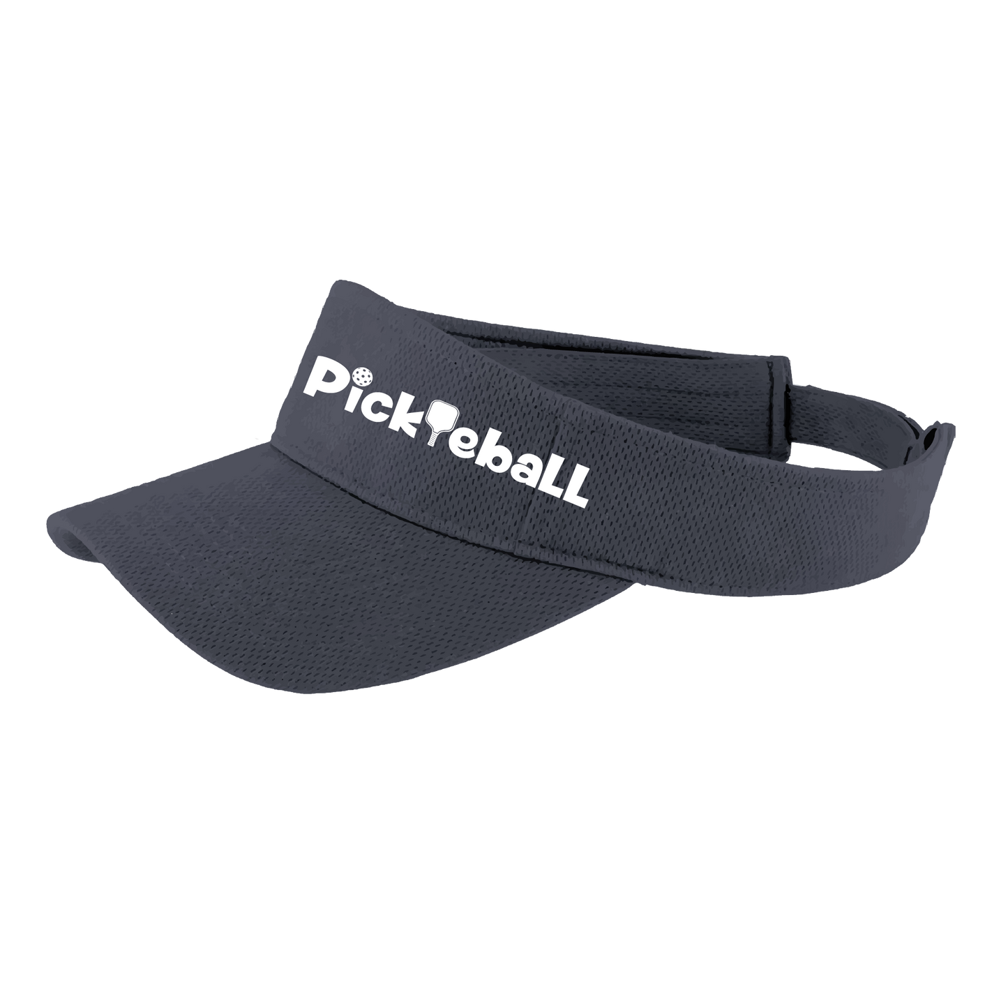 Pickleball Design: Pickleball words in white  This fun pickleball visor is the perfect accessory for all pickleball players needing to keep their focus on the game and not the sun. The moisture-wicking material is made of 100% polyester with closed-hole flat back mesh and PosiCharge Technology. The back closure is a hook and loop style made to adjust to every adult.