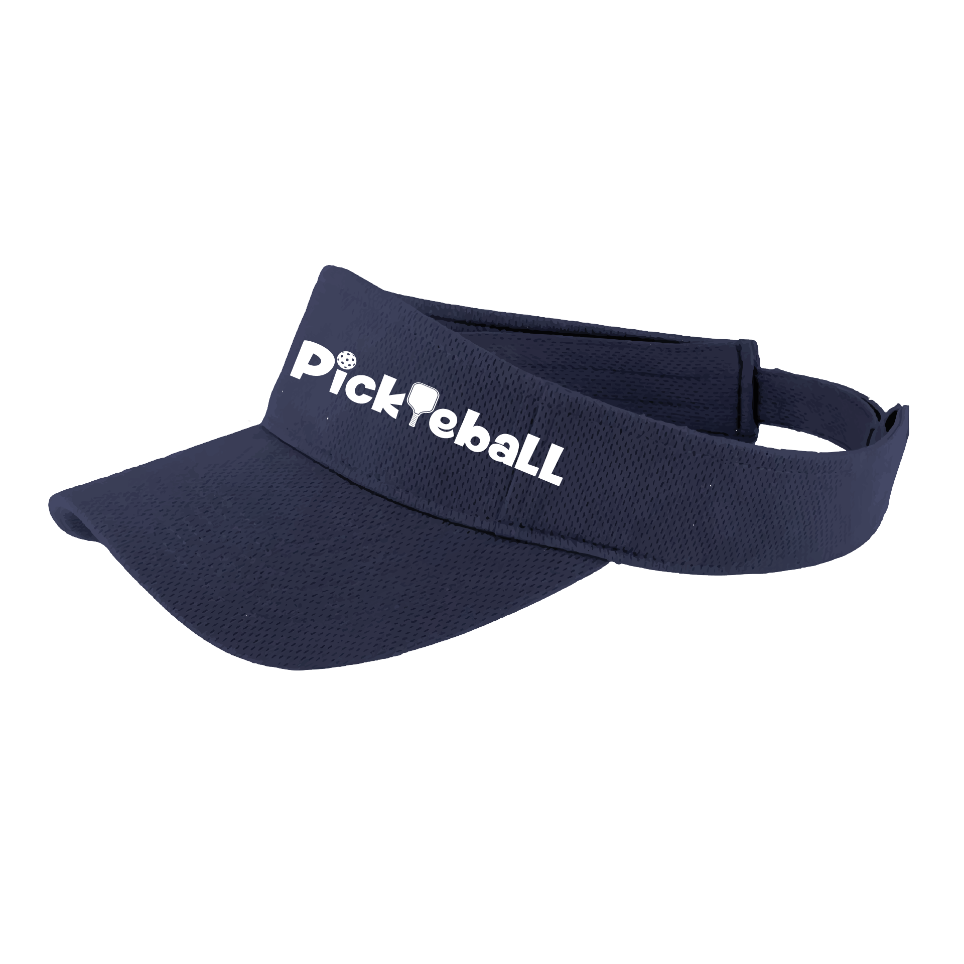 Pickleball Design: Pickleball words in white  This fun pickleball visor is the perfect accessory for all pickleball players needing to keep their focus on the game and not the sun. The moisture-wicking material is made of 100% polyester with closed-hole flat back mesh and PosiCharge Technology. The back closure is a hook and loop style made to adjust to every adult.