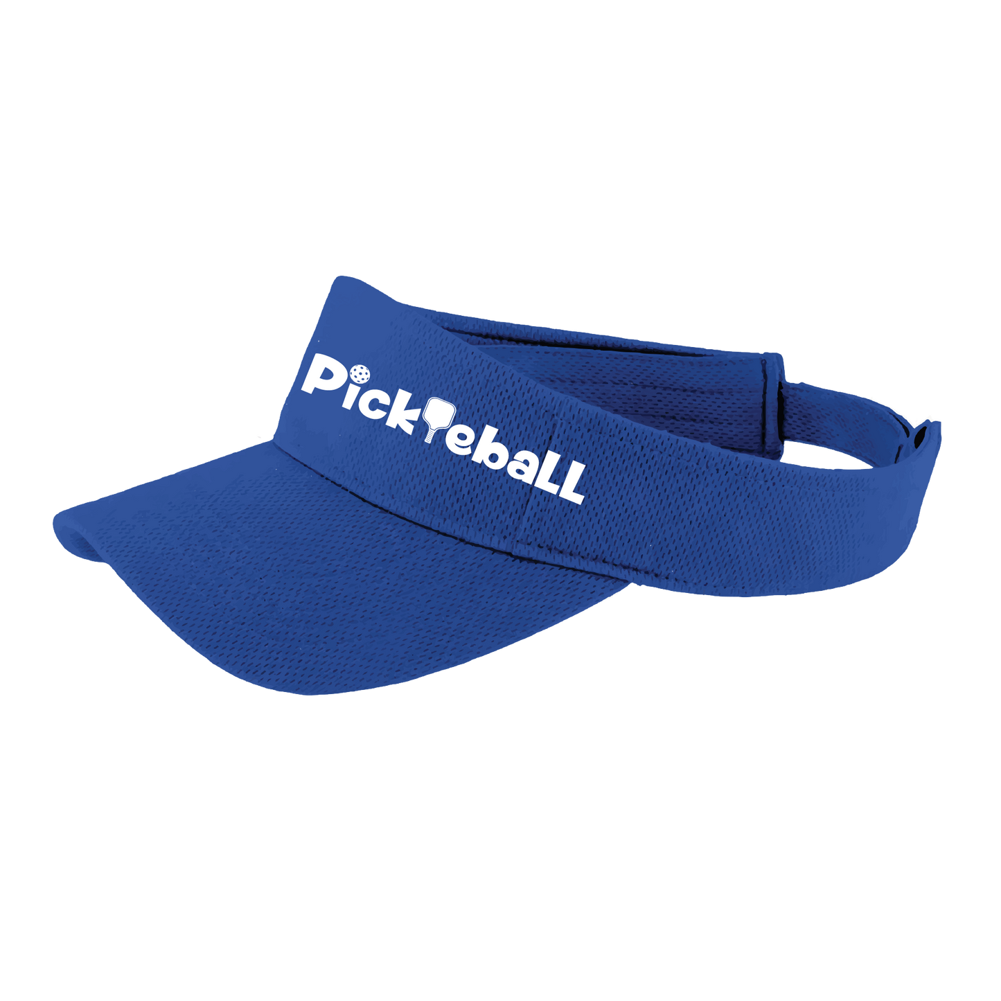 Pickleball Design: Pickleball words in white  This fun pickleball visor is the perfect accessory for all pickleball players needing to keep their focus on the game and not the sun. The moisture-wicking material is made of 100% polyester with closed-hole flat back mesh and PosiCharge Technology. The back closure is a hook and loop style made to adjust to every adult.