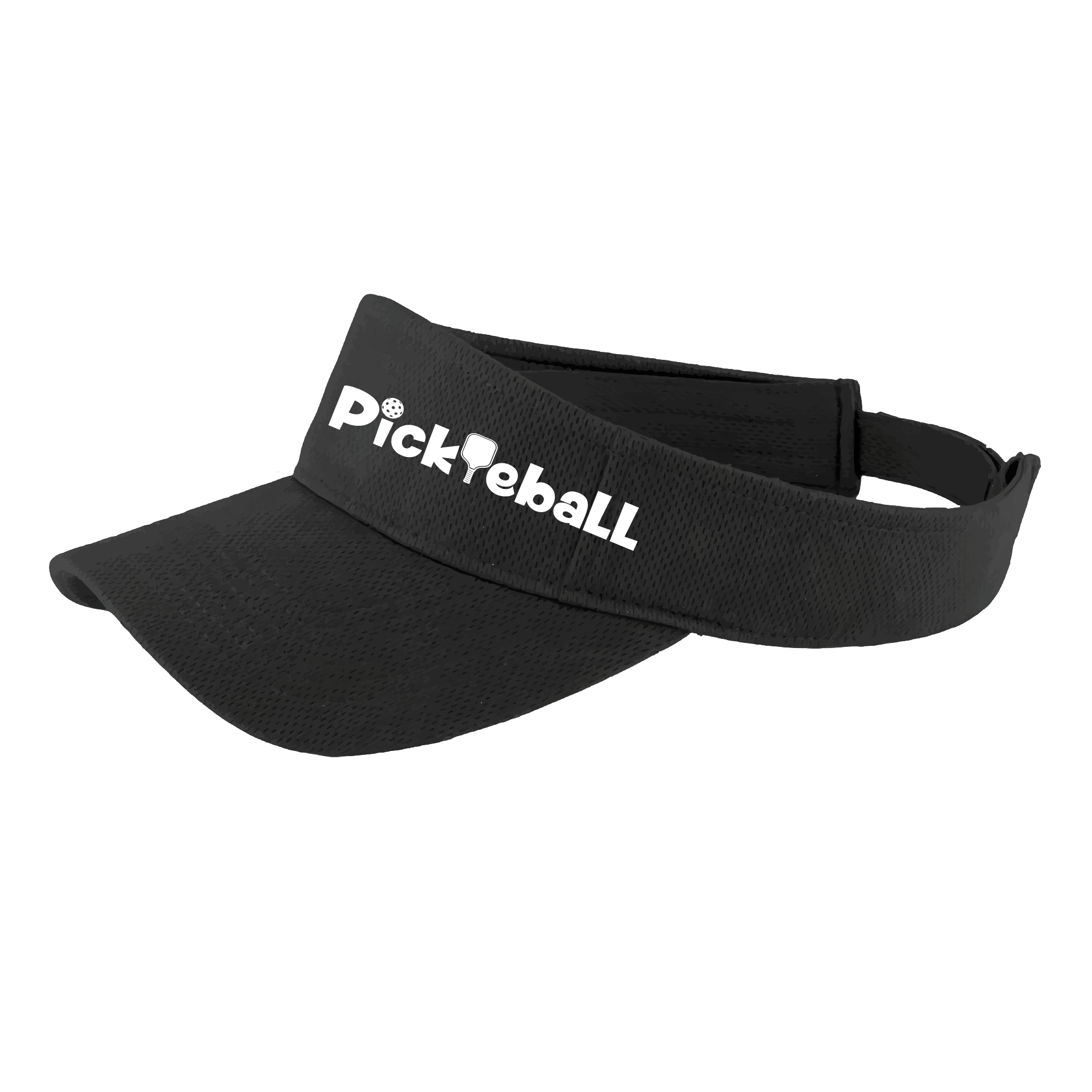 Pickleball Design: Pickleball words in white  This fun pickleball visor is the perfect accessory for all pickleball players needing to keep their focus on the game and not the sun. The moisture-wicking material is made of 100% polyester with closed-hole flat back mesh and PosiCharge Technology. The back closure is a hook and loop style made to adjust to every adult.