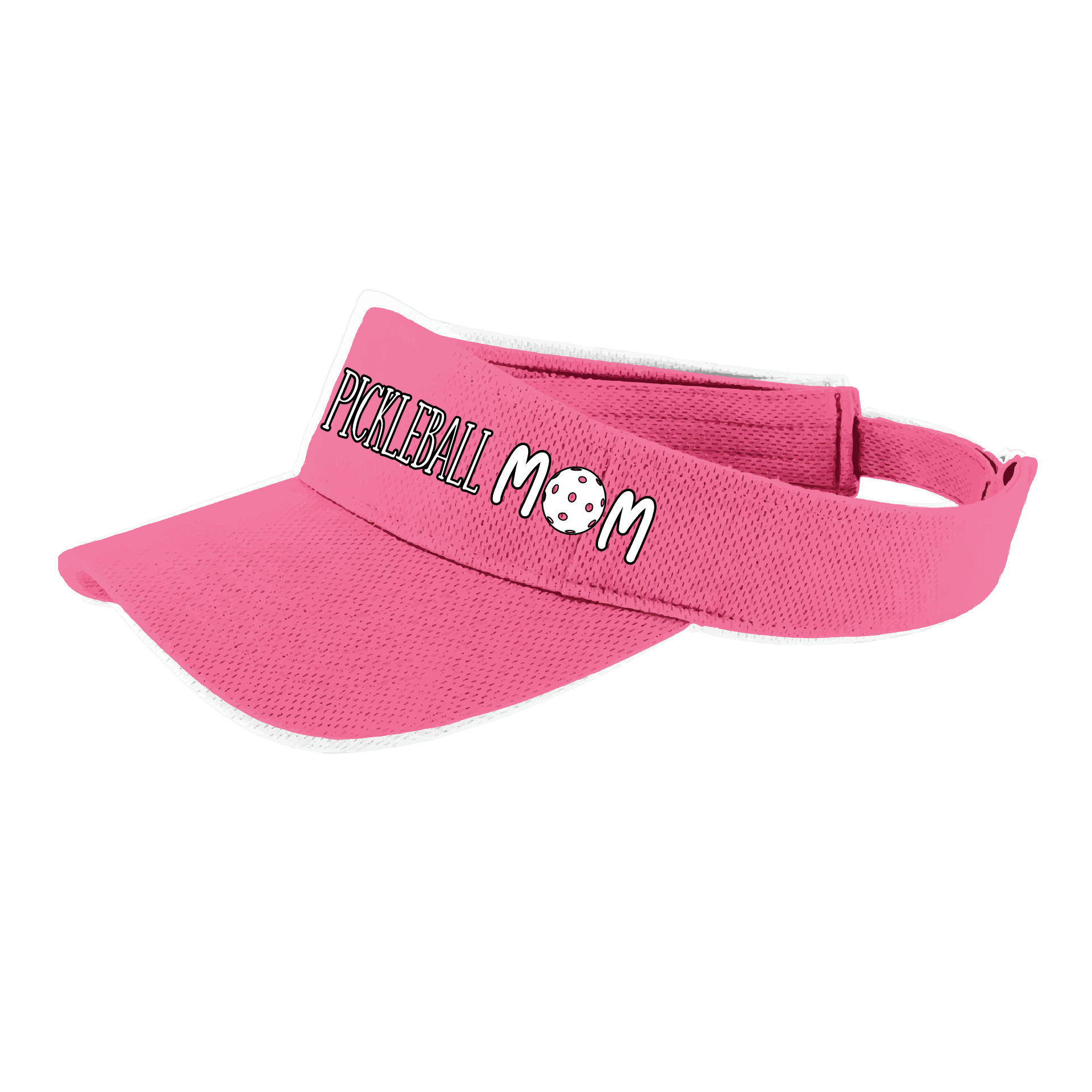 Pickleball Visor Design: Pickleball Mom Visor in White  This fun pickleball visor is the perfect accessory for all pickleball players needing to keep their focus on the game and not the sun. The moisture-wicking material is made of 100% polyester with closed-hole flat back mesh and PosiCharge Technology. The back closure is a hook and loop style made to adjust to every adult.