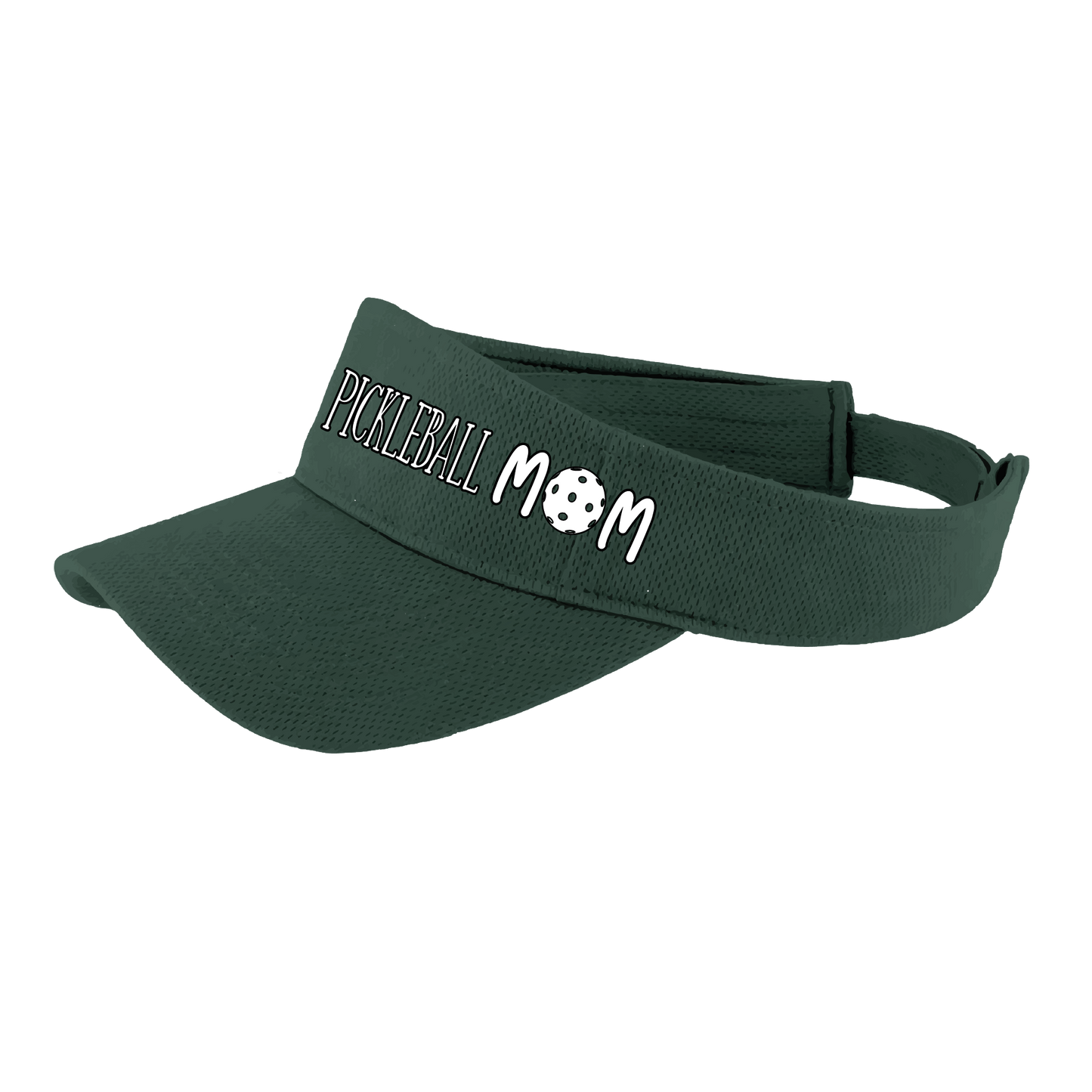 Pickleball Visor Design: Pickleball Mom Visor in White  This fun pickleball visor is the perfect accessory for all pickleball players needing to keep their focus on the game and not the sun. The moisture-wicking material is made of 100% polyester with closed-hole flat back mesh and PosiCharge Technology. The back closure is a hook and loop style made to adjust to every adult.