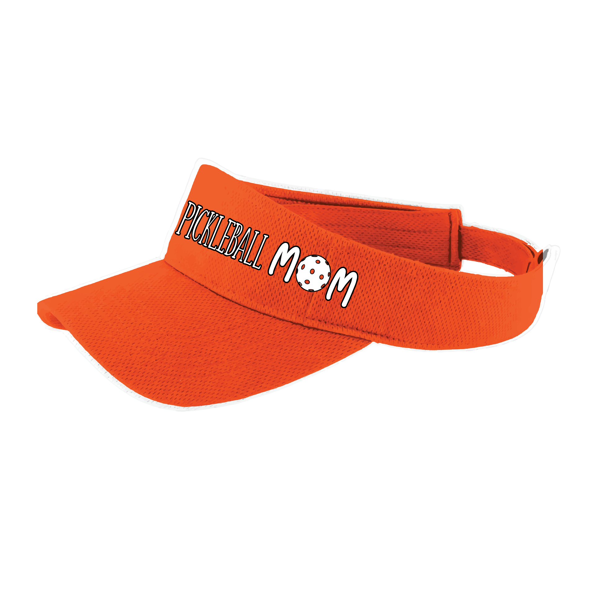 Pickleball Visor Design: Pickleball Mom Visor in White  This fun pickleball visor is the perfect accessory for all pickleball players needing to keep their focus on the game and not the sun. The moisture-wicking material is made of 100% polyester with closed-hole flat back mesh and PosiCharge Technology. The back closure is a hook and loop style made to adjust to every adult.