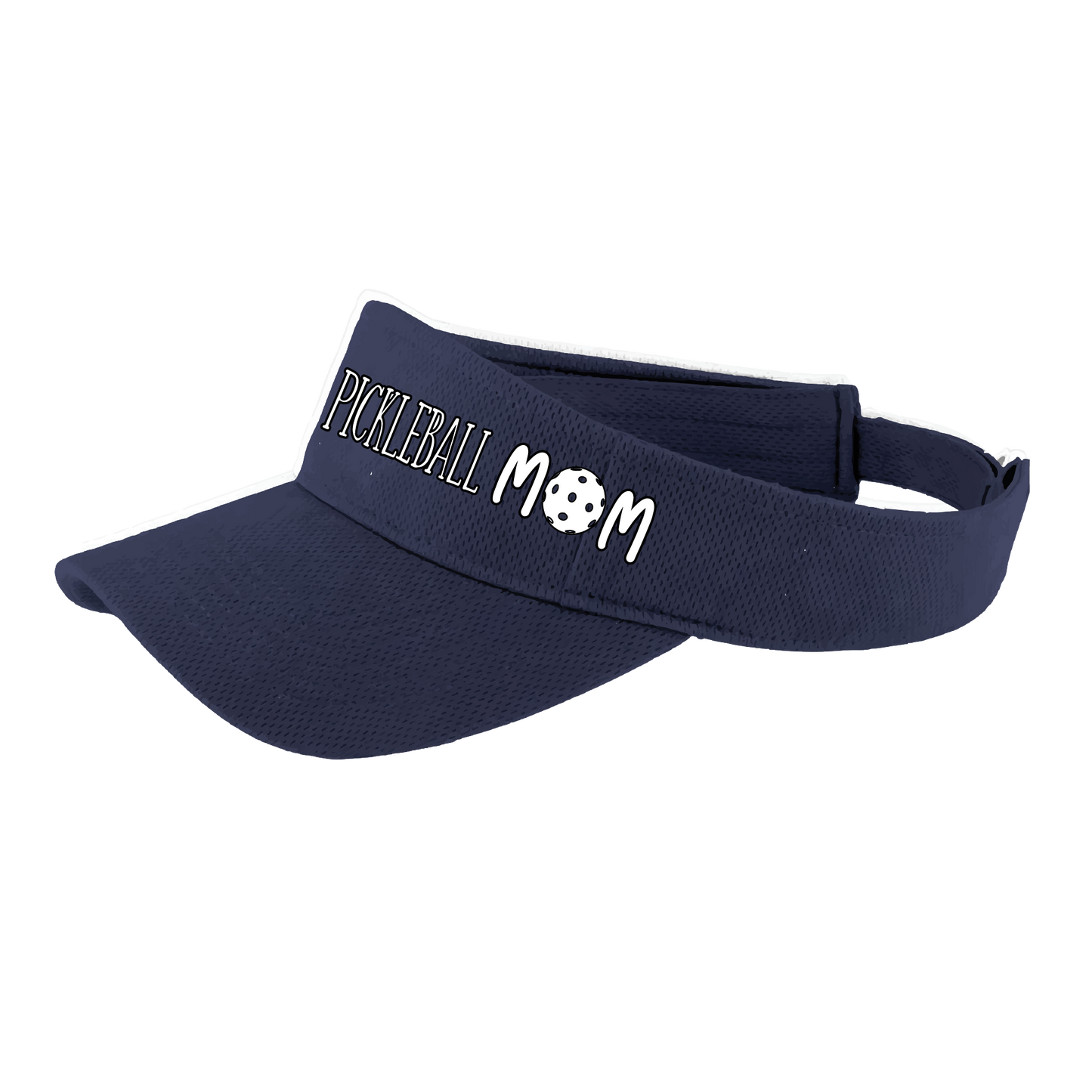 Pickleball Visor Design: Pickleball Mom Visor in White  This fun pickleball visor is the perfect accessory for all pickleball players needing to keep their focus on the game and not the sun. The moisture-wicking material is made of 100% polyester with closed-hole flat back mesh and PosiCharge Technology. The back closure is a hook and loop style made to adjust to every adult.