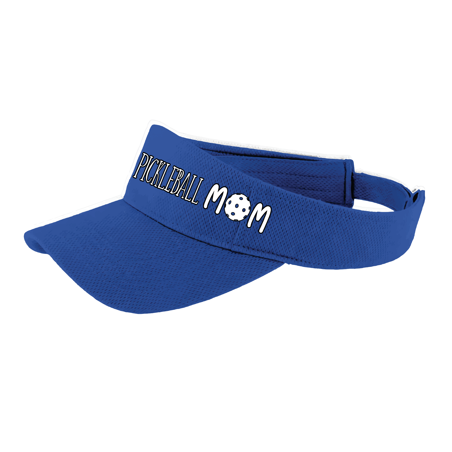 Pickleball Visor Design: Pickleball Mom Visor in White  This fun pickleball visor is the perfect accessory for all pickleball players needing to keep their focus on the game and not the sun. The moisture-wicking material is made of 100% polyester with closed-hole flat back mesh and PosiCharge Technology. The back closure is a hook and loop style made to adjust to every adult.