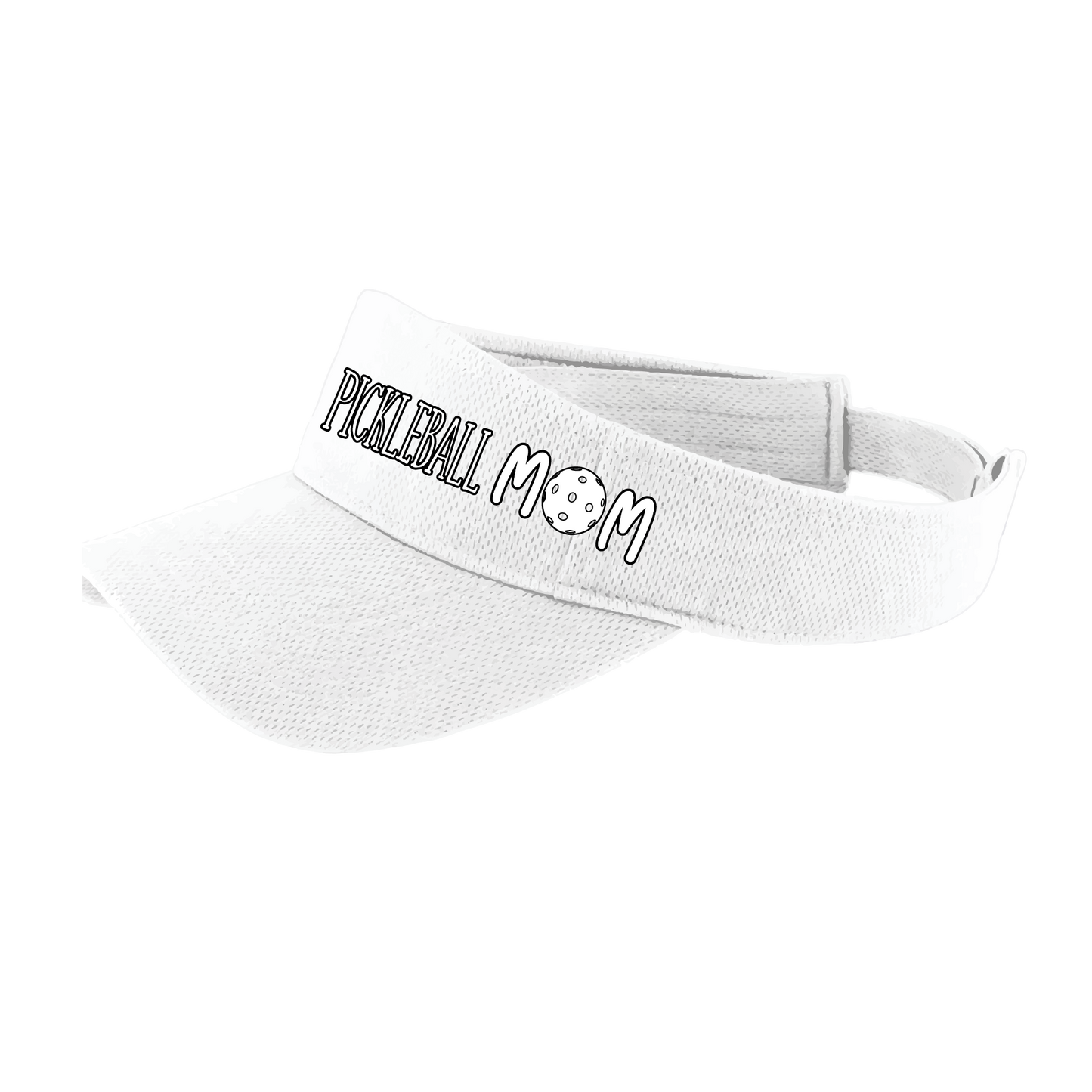 Pickleball Visor Design: Pickleball Mom Visor in White  This fun pickleball visor is the perfect accessory for all pickleball players needing to keep their focus on the game and not the sun. The moisture-wicking material is made of 100% polyester with closed-hole flat back mesh and PosiCharge Technology. The back closure is a hook and loop style made to adjust to every adult.