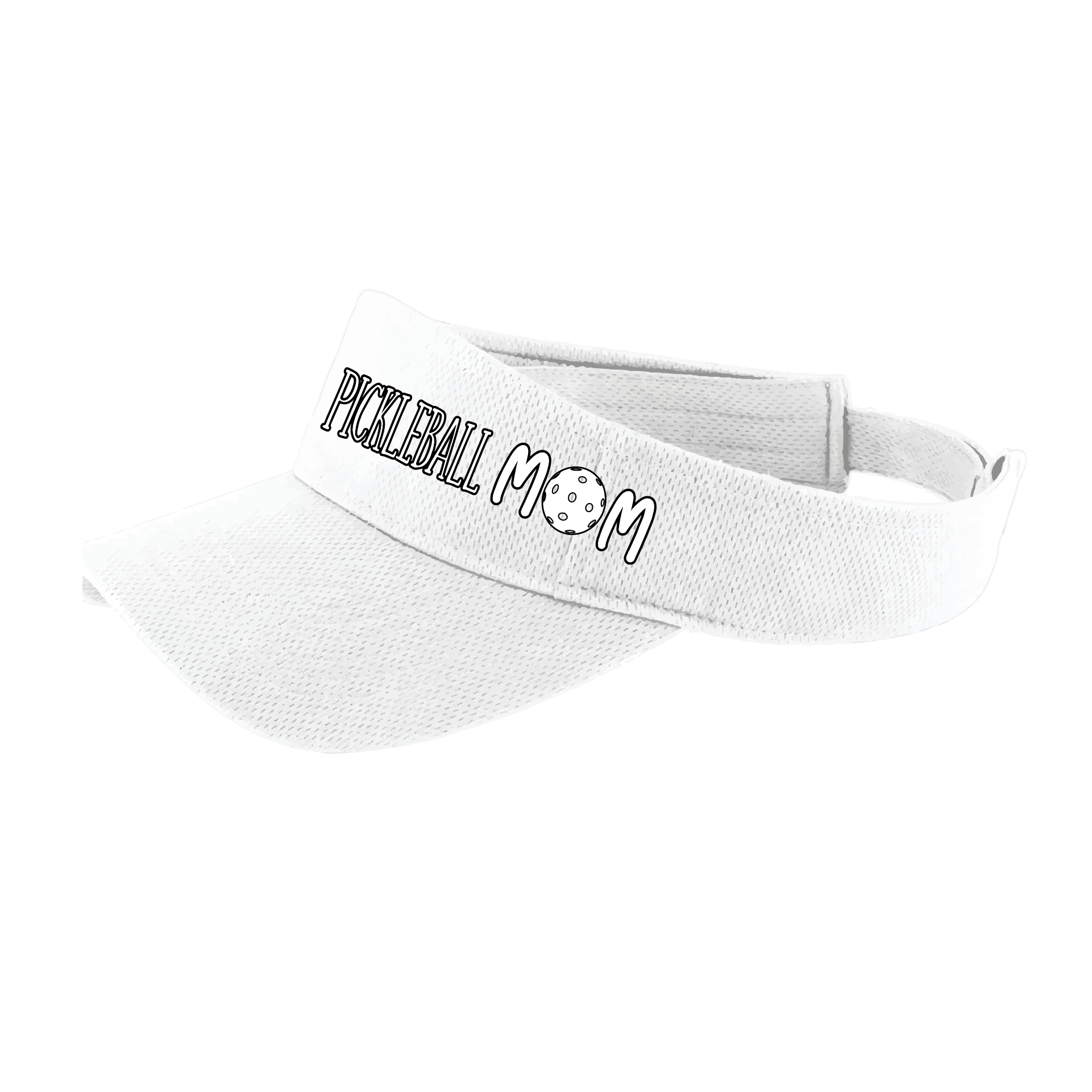 Pickleball Visor Design: Pickleball Mom Visor in White  This fun pickleball visor is the perfect accessory for all pickleball players needing to keep their focus on the game and not the sun. The moisture-wicking material is made of 100% polyester with closed-hole flat back mesh and PosiCharge Technology. The back closure is a hook and loop style made to adjust to every adult.