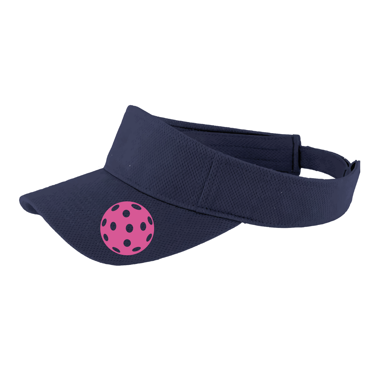 Pickleball Visor Design: Pink Ball  This fun pickleball visor is the perfect accessory for all pickleball players needing to keep their focus on the game and not the sun. The moisture-wicking material is made of 100% polyester with closed-hole flat back mesh and PosiCharge Technology. The back closure is a hook and loop style made to adjust to every adult.