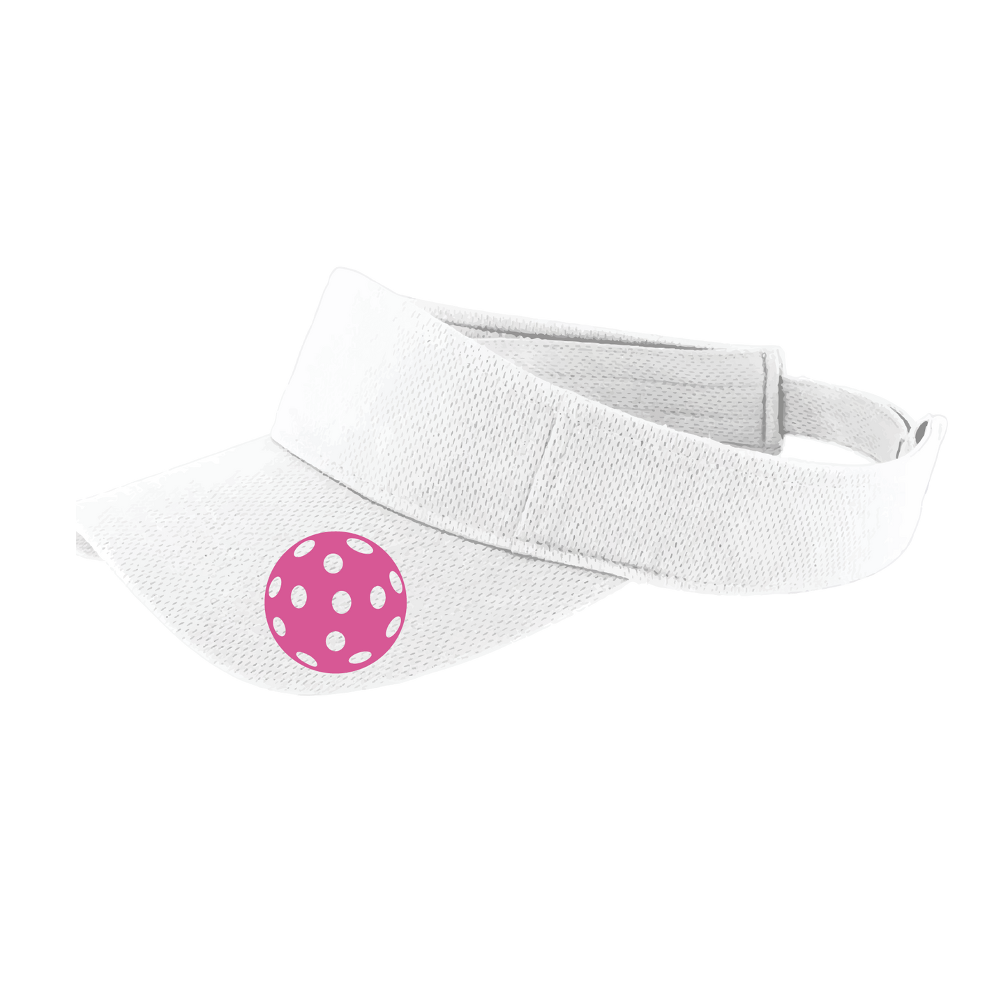 Pickleball Visor Design: Pink Ball  This fun pickleball visor is the perfect accessory for all pickleball players needing to keep their focus on the game and not the sun. The moisture-wicking material is made of 100% polyester with closed-hole flat back mesh and PosiCharge Technology. The back closure is a hook and loop style made to adjust to every adult.