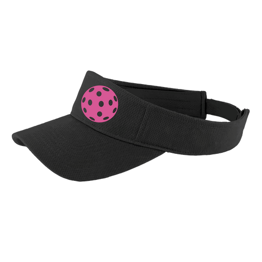 Pickleball Visor Design: Pink Ball  This fun pickleball visor is the perfect accessory for all pickleball players needing to keep their focus on the game and not the sun. The moisture-wicking material is made of 100% polyester with closed-hole flat back mesh and PosiCharge Technology. The back closure is a hook and loop style made to adjust to every adult.