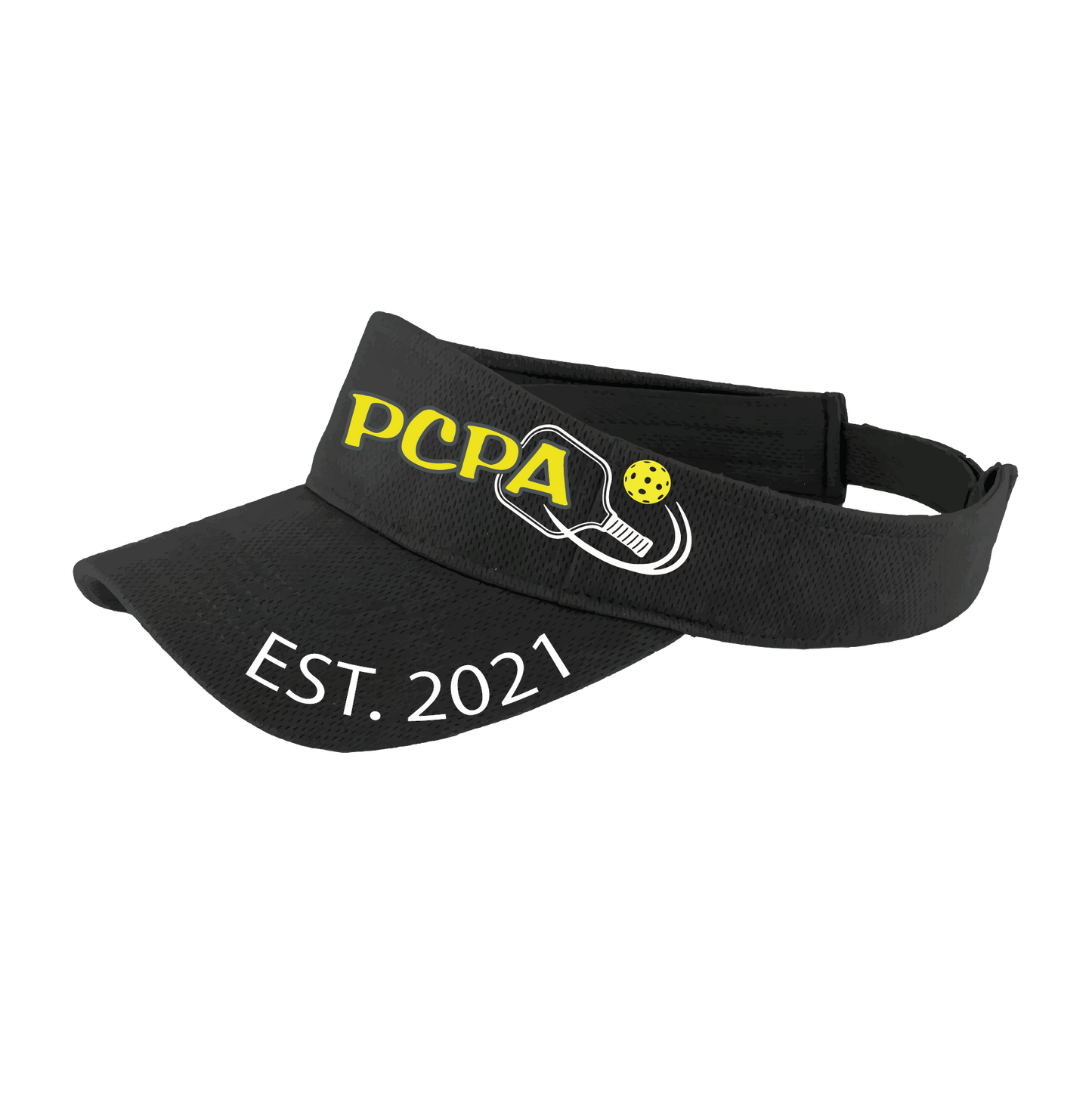 Pickleball Visor Design: Pueblo County Pickleball Association (White Design)  This fun pickleball visor is the perfect accessory for all pickleball players needing to keep their focus on the game and not the sun. The moisture-wicking material is made of 100% polyester with closed-hole flat back mesh and PosiCharge Technology. The back closure is a hock and loop style made to adjust to every adult.