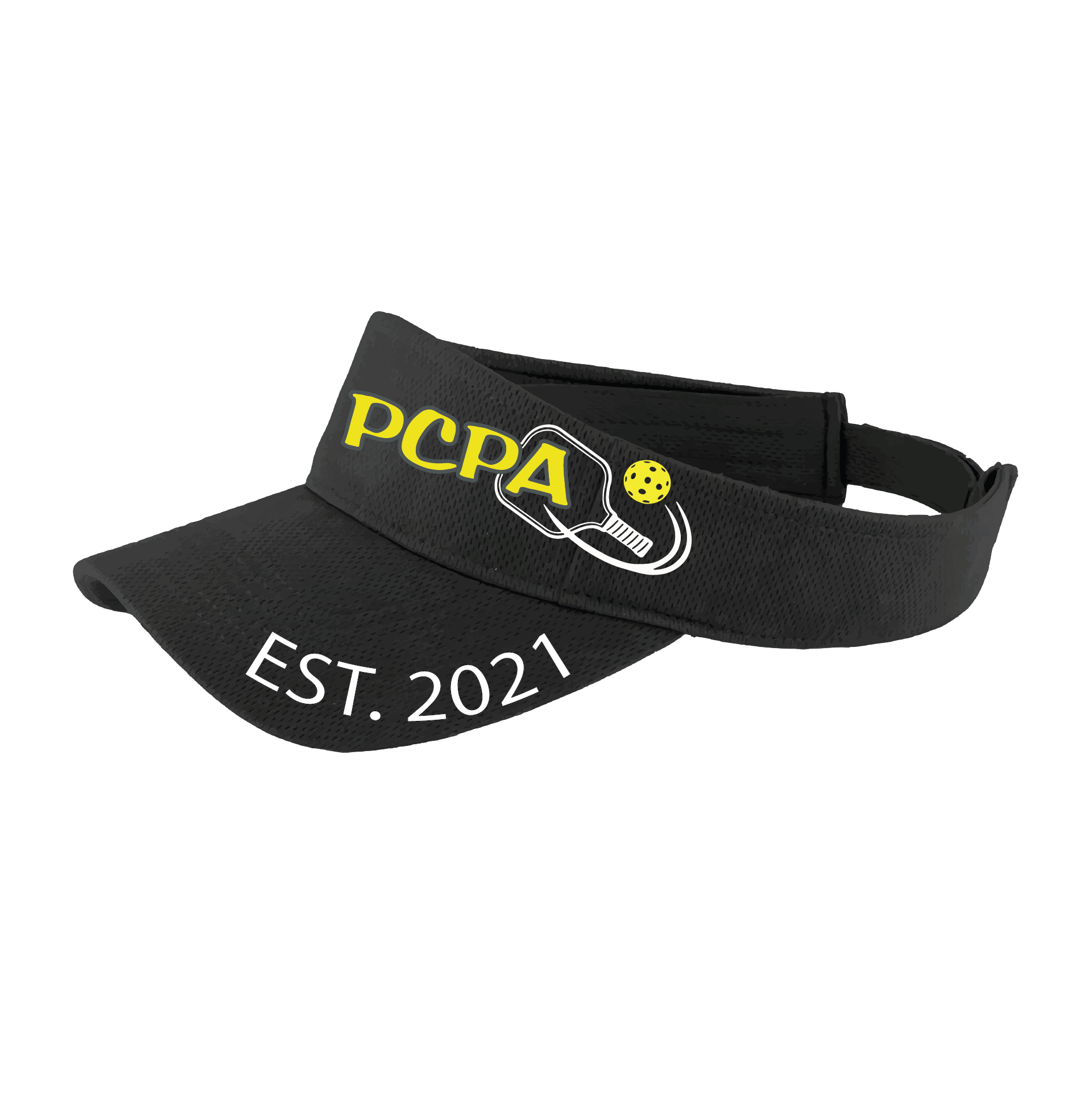 Pickleball Visor Design: Pueblo County Pickleball Association (White Design)  This fun pickleball visor is the perfect accessory for all pickleball players needing to keep their focus on the game and not the sun. The moisture-wicking material is made of 100% polyester with closed-hole flat back mesh and PosiCharge Technology. The back closure is a hock and loop style made to adjust to every adult.