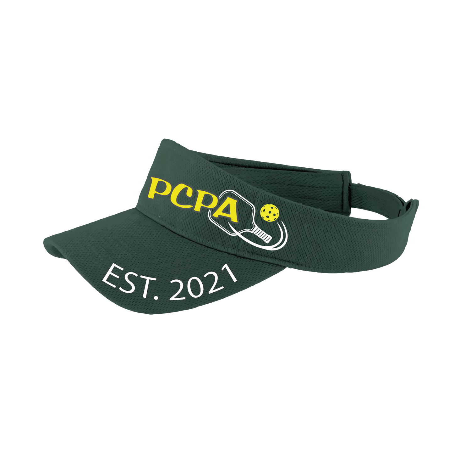 Pickleball Visor Design: Pueblo County Pickleball Association (White Design)  This fun pickleball visor is the perfect accessory for all pickleball players needing to keep their focus on the game and not the sun. The moisture-wicking material is made of 100% polyester with closed-hole flat back mesh and PosiCharge Technology. The back closure is a hock and loop style made to adjust to every adult.