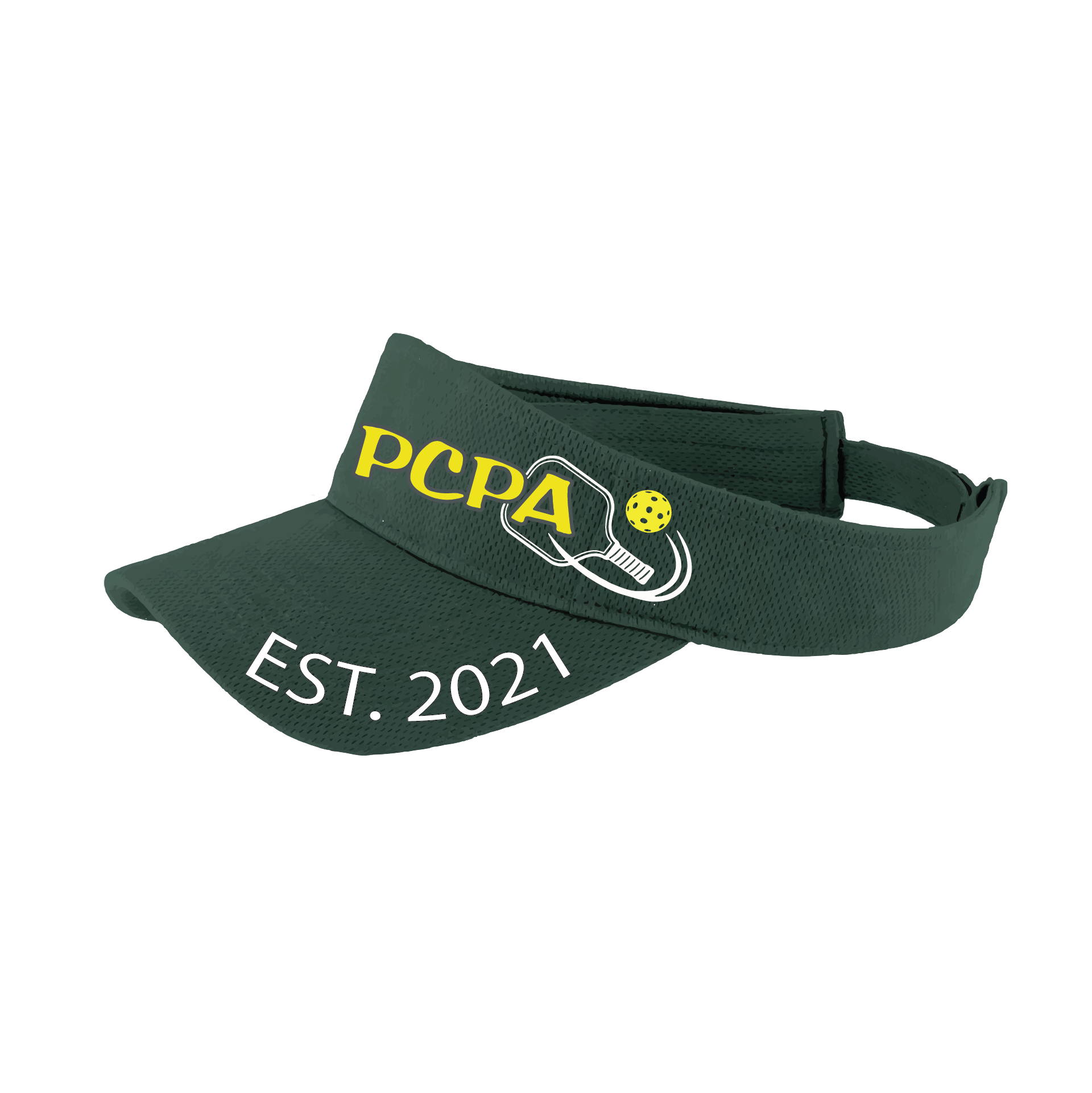 Pickleball Visor Design: Pueblo County Pickleball Association (White Design)  This fun pickleball visor is the perfect accessory for all pickleball players needing to keep their focus on the game and not the sun. The moisture-wicking material is made of 100% polyester with closed-hole flat back mesh and PosiCharge Technology. The back closure is a hock and loop style made to adjust to every adult.