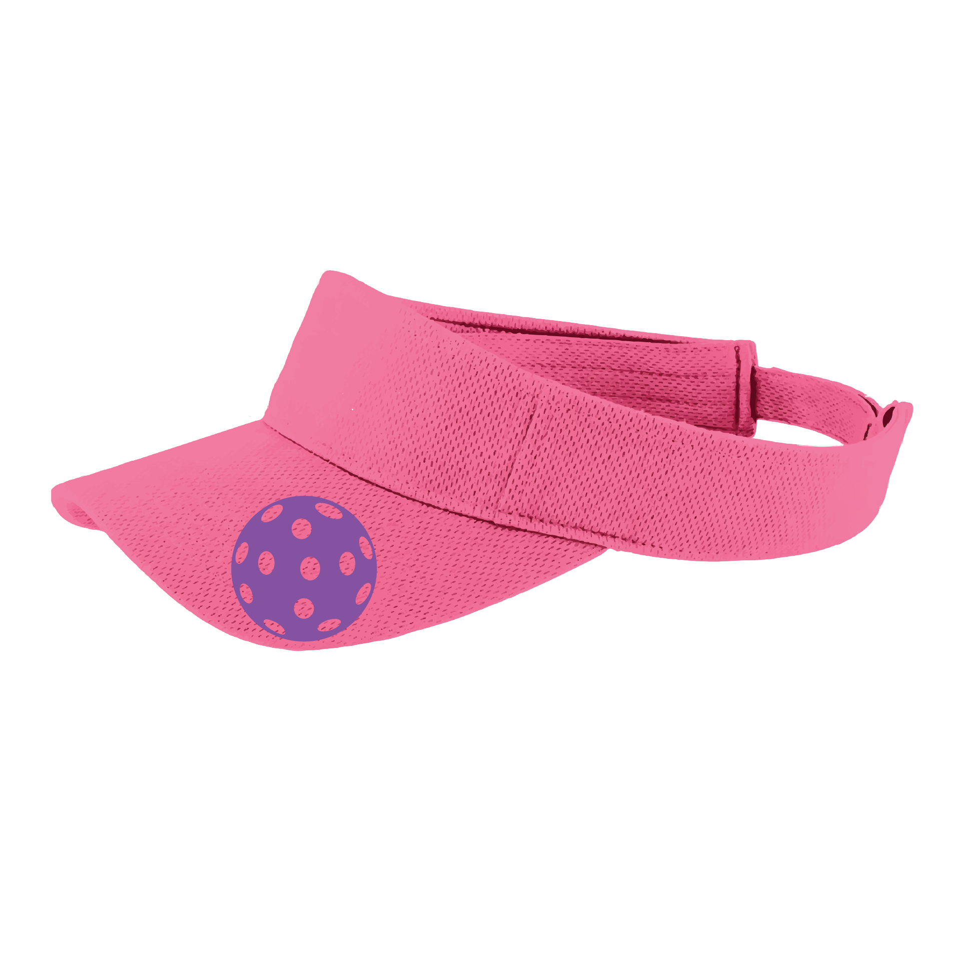 Pickleball Visor Design: Purple Ball  This fun pickleball visor is the perfect accessory for all pickleball players needing to keep their focus on the game and not the sun. The moisture-wicking material is made of 100% polyester with closed-hole flat back mesh and PosiCharge Technology. The back closure is a hock and loop style made to adjust to every adult.