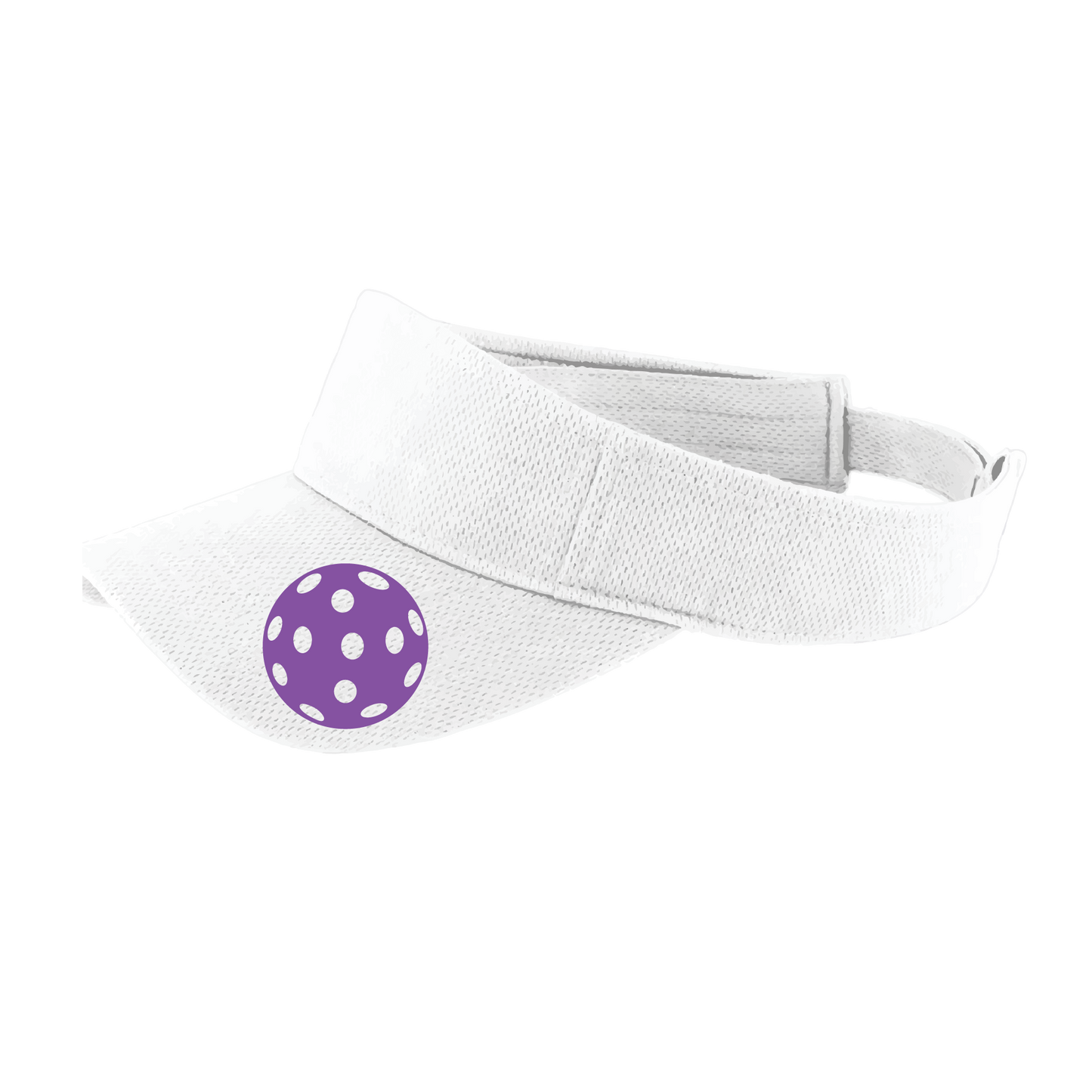 Pickleball Visor Design: Purple Ball  This fun pickleball visor is the perfect accessory for all pickleball players needing to keep their focus on the game and not the sun. The moisture-wicking material is made of 100% polyester with closed-hole flat back mesh and PosiCharge Technology. The back closure is a hock and loop style made to adjust to every adult.