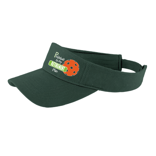 Pickleball Visor Design: Pickleball Retirement  This fun pickleball visor is the perfect accessory for all pickleball players needing to keep their focus on the game and not the sun. The moisture-wicking material is made of 100% polyester with closed-hole flat back mesh and PosiCharge Technology. The back closure is a hook and loop style made to adjust to every adult.