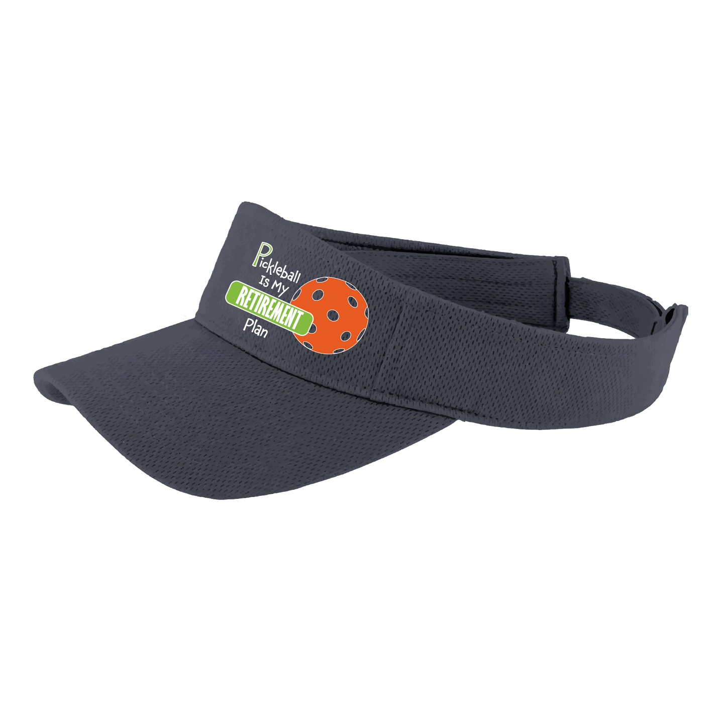 Pickleball Visor Design: Pickleball Retirement  This fun pickleball visor is the perfect accessory for all pickleball players needing to keep their focus on the game and not the sun. The moisture-wicking material is made of 100% polyester with closed-hole flat back mesh and PosiCharge Technology. The back closure is a hook and loop style made to adjust to every adult.