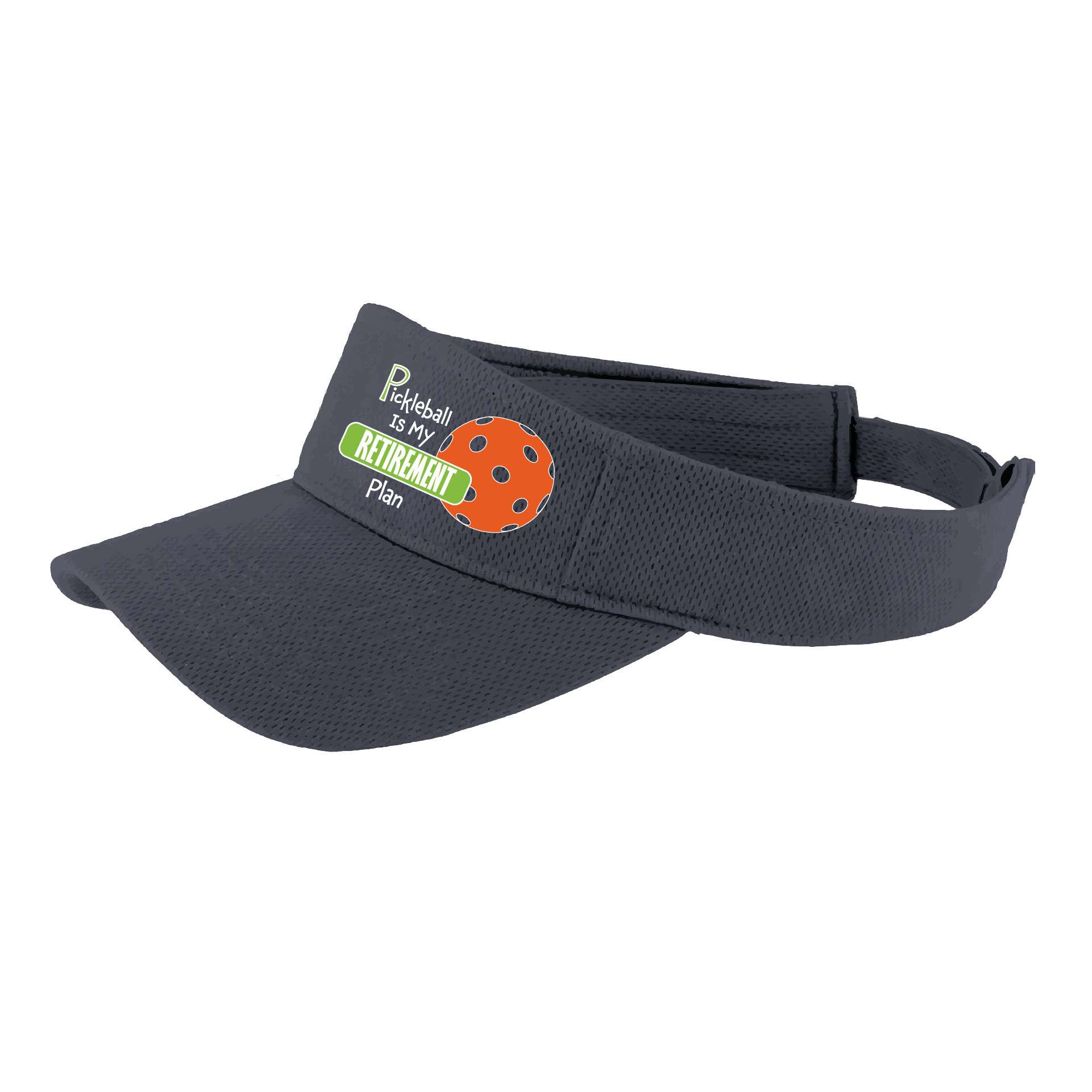 Pickleball Visor Design: Pickleball Retirement  This fun pickleball visor is the perfect accessory for all pickleball players needing to keep their focus on the game and not the sun. The moisture-wicking material is made of 100% polyester with closed-hole flat back mesh and PosiCharge Technology. The back closure is a hook and loop style made to adjust to every adult.