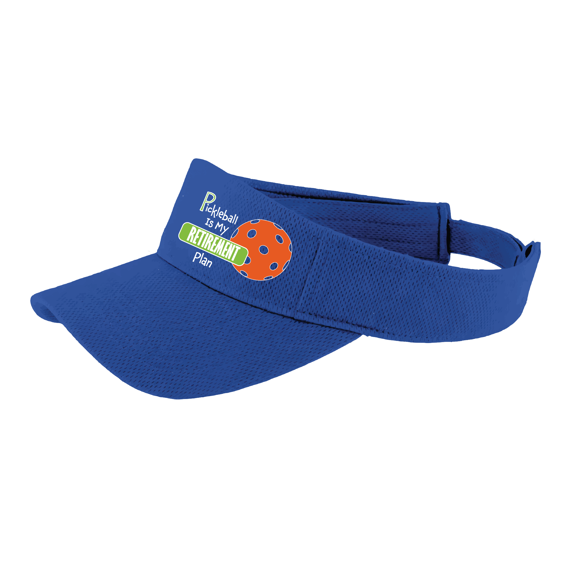 Pickleball Visor Design: Pickleball Retirement  This fun pickleball visor is the perfect accessory for all pickleball players needing to keep their focus on the game and not the sun. The moisture-wicking material is made of 100% polyester with closed-hole flat back mesh and PosiCharge Technology. The back closure is a hook and loop style made to adjust to every adult.