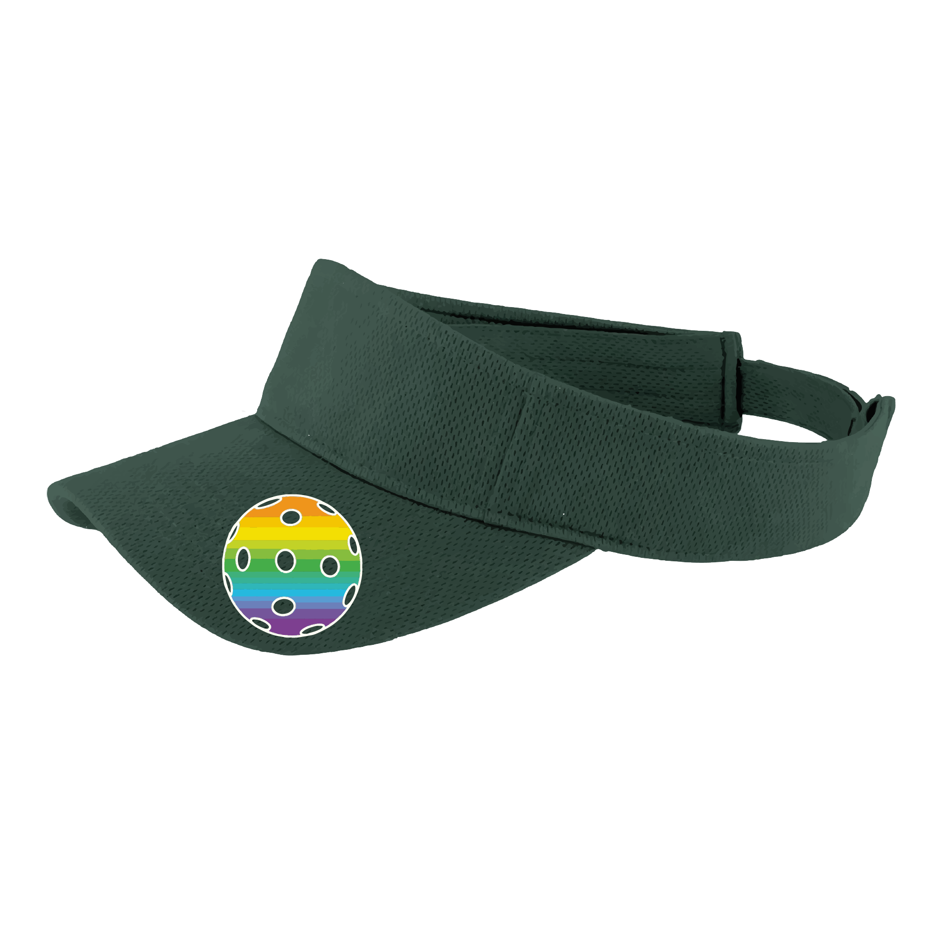 Pickleball Visor Design: Rainbow Ball  This fun pickleball visor is the perfect accessory for all pickleball players needing to keep their focus on the game and not the sun. The moisture-wicking material is made of 100% polyester with closed-hole flat back mesh and PosiCharge Technology. The back closure is a hock and loop style made to adjust to every adult.