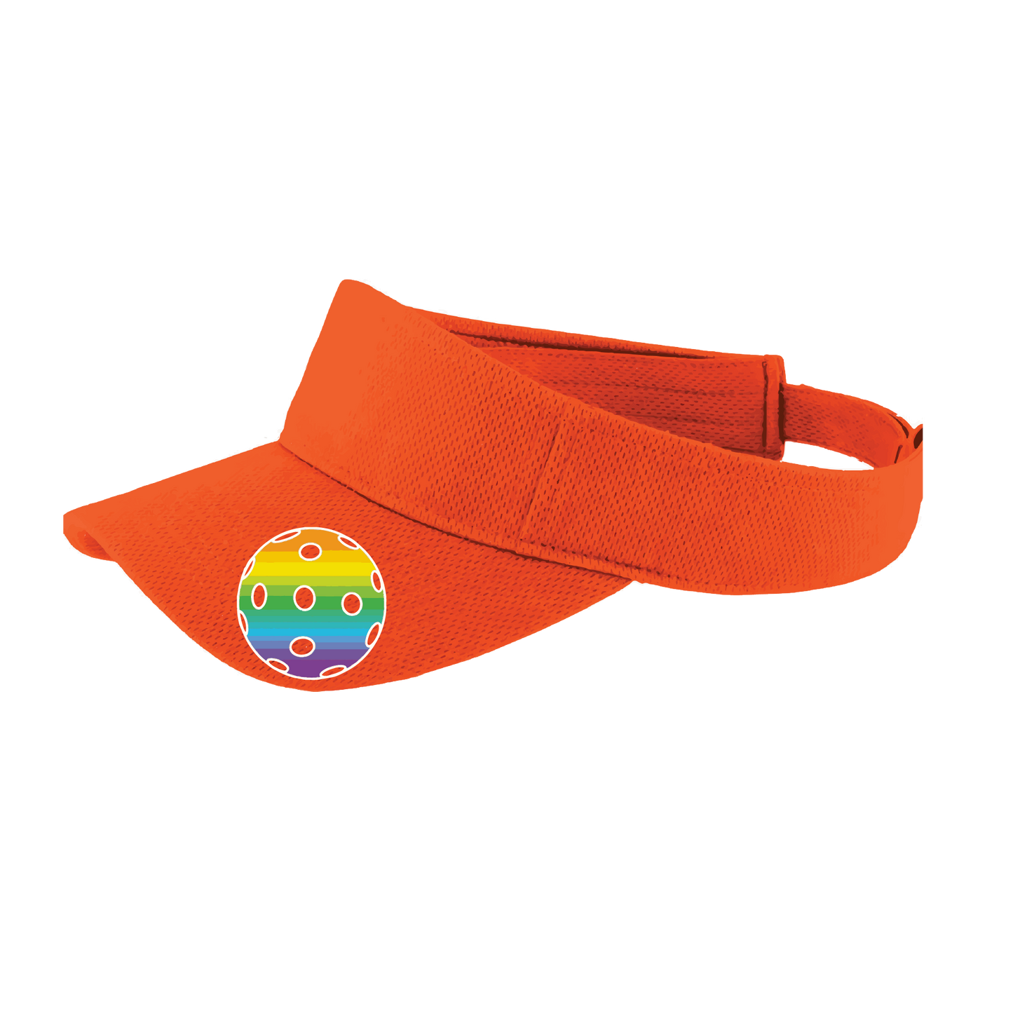 Pickleball Visor Design: Rainbow Ball  This fun pickleball visor is the perfect accessory for all pickleball players needing to keep their focus on the game and not the sun. The moisture-wicking material is made of 100% polyester with closed-hole flat back mesh and PosiCharge Technology. The back closure is a hock and loop style made to adjust to every adult.