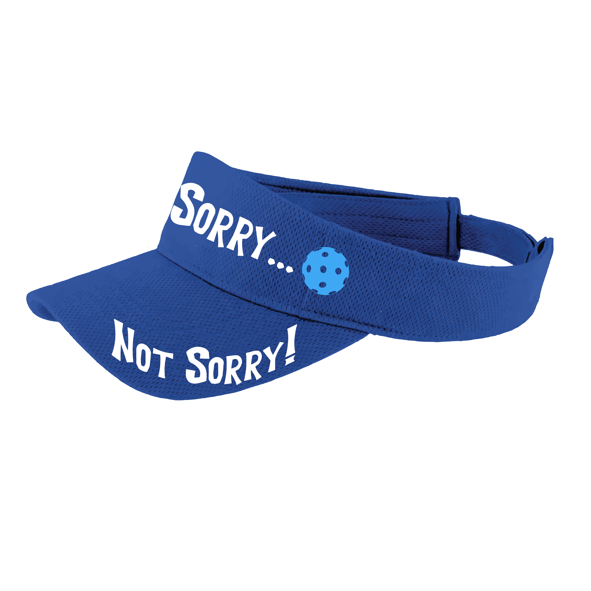 Pcikleball Visor Design: Sorry...Not Sorry!!!  Customizable Ball Color in eight colors  This fun pickleball visor is the perfect accessory for all pickleball players needing to keep their focus on the game and not the sun. The moisture-wicking material is made of 100% polyester with closed-hole flat back mesh and PosiCharge Technology. The back closure is a hook and loop style made to adjust to every adult.