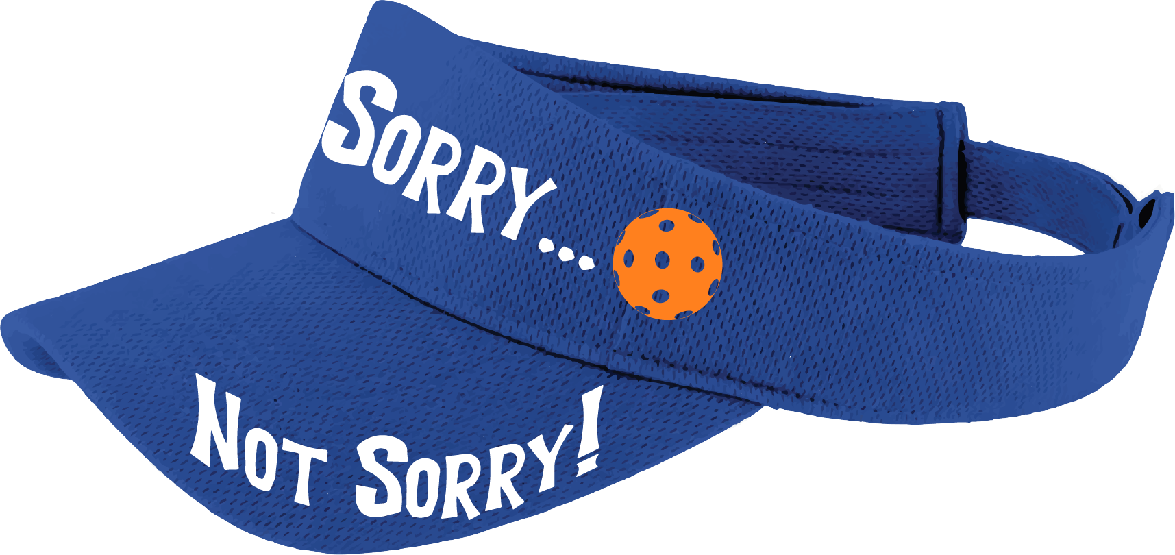 Pcikleball Visor Design: Sorry...Not Sorry!!!  Customizable Ball Color in eight colors  This fun pickleball visor is the perfect accessory for all pickleball players needing to keep their focus on the game and not the sun. The moisture-wicking material is made of 100% polyester with closed-hole flat back mesh and PosiCharge Technology. The back closure is a hook and loop style made to adjust to every adult.