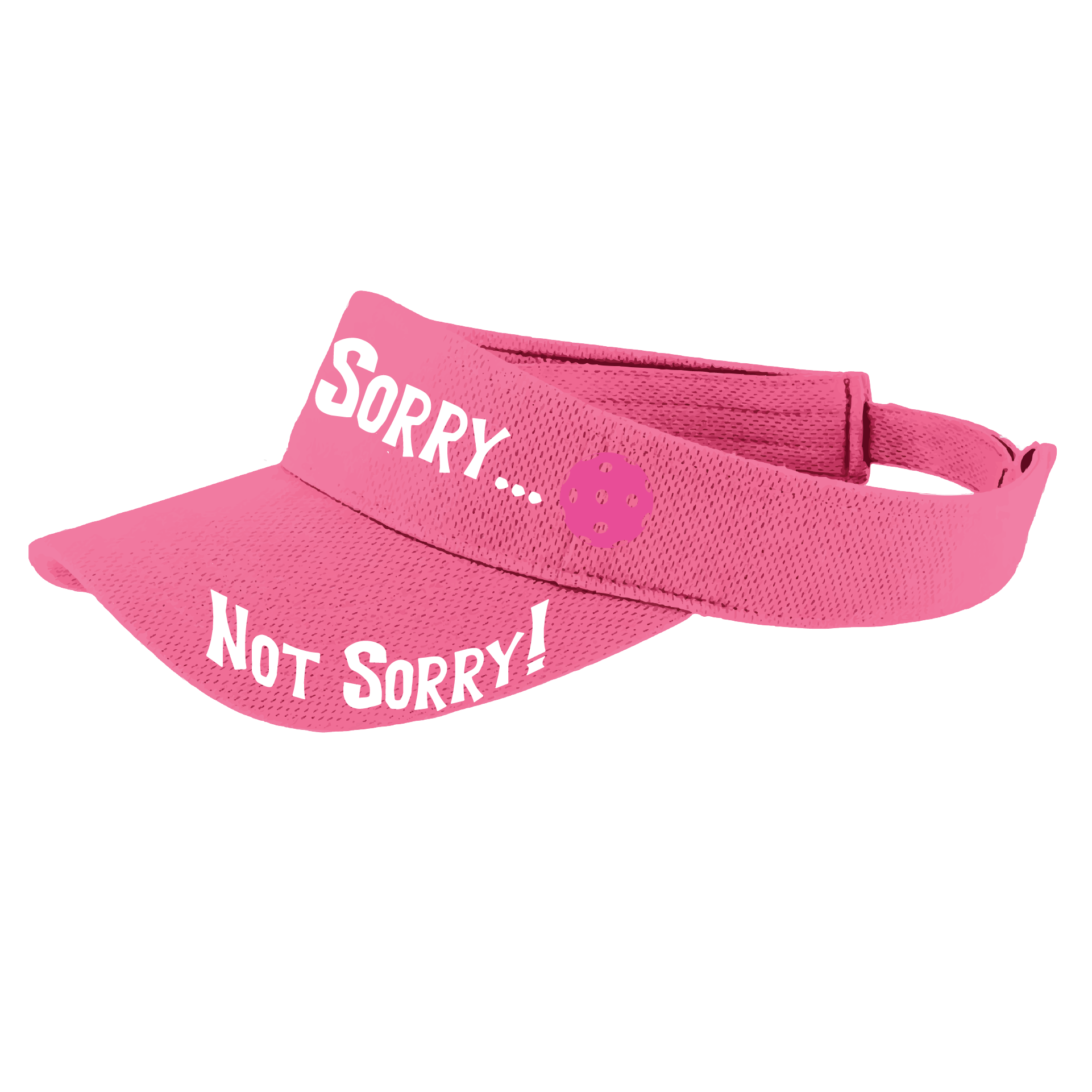 Pcikleball Visor Design: Sorry...Not Sorry!!!  Customizable Ball Color in eight colors  This fun pickleball visor is the perfect accessory for all pickleball players needing to keep their focus on the game and not the sun. The moisture-wicking material is made of 100% polyester with closed-hole flat back mesh and PosiCharge Technology. The back closure is a hook and loop style made to adjust to every adult.