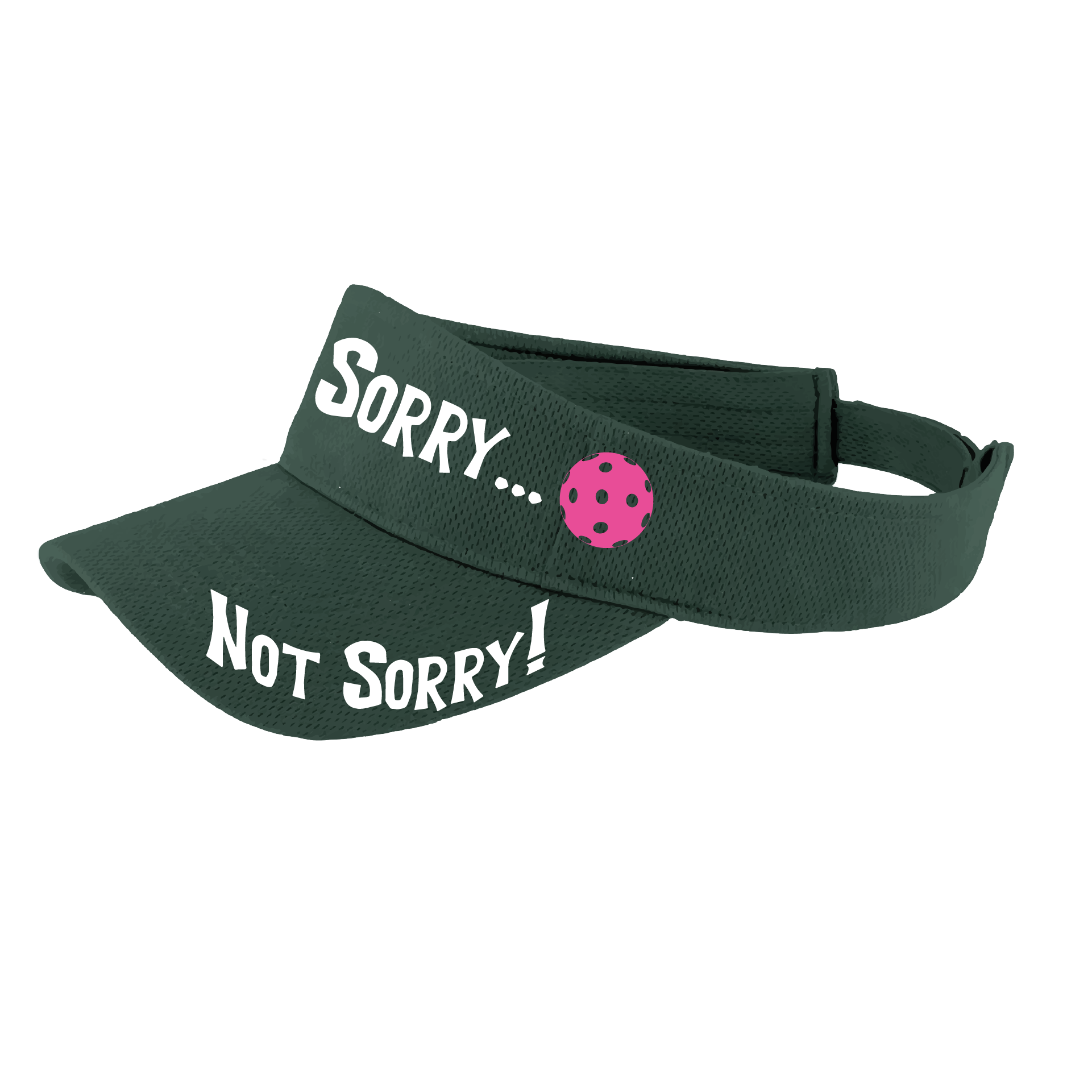 Pcikleball Visor Design: Sorry...Not Sorry!!!  Customizable Ball Color in eight colors  This fun pickleball visor is the perfect accessory for all pickleball players needing to keep their focus on the game and not the sun. The moisture-wicking material is made of 100% polyester with closed-hole flat back mesh and PosiCharge Technology. The back closure is a hook and loop style made to adjust to every adult.